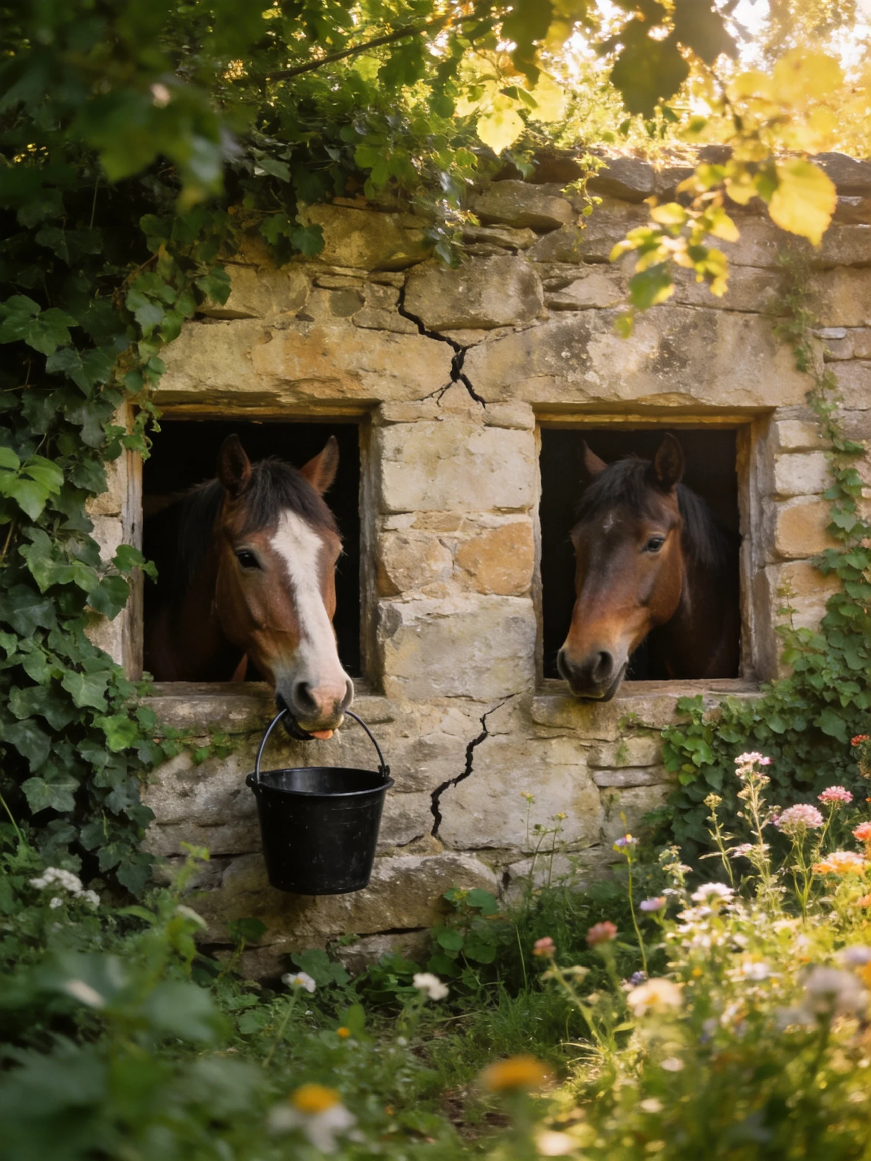 Two brown horses peek from stone wall windows beside a black bucket