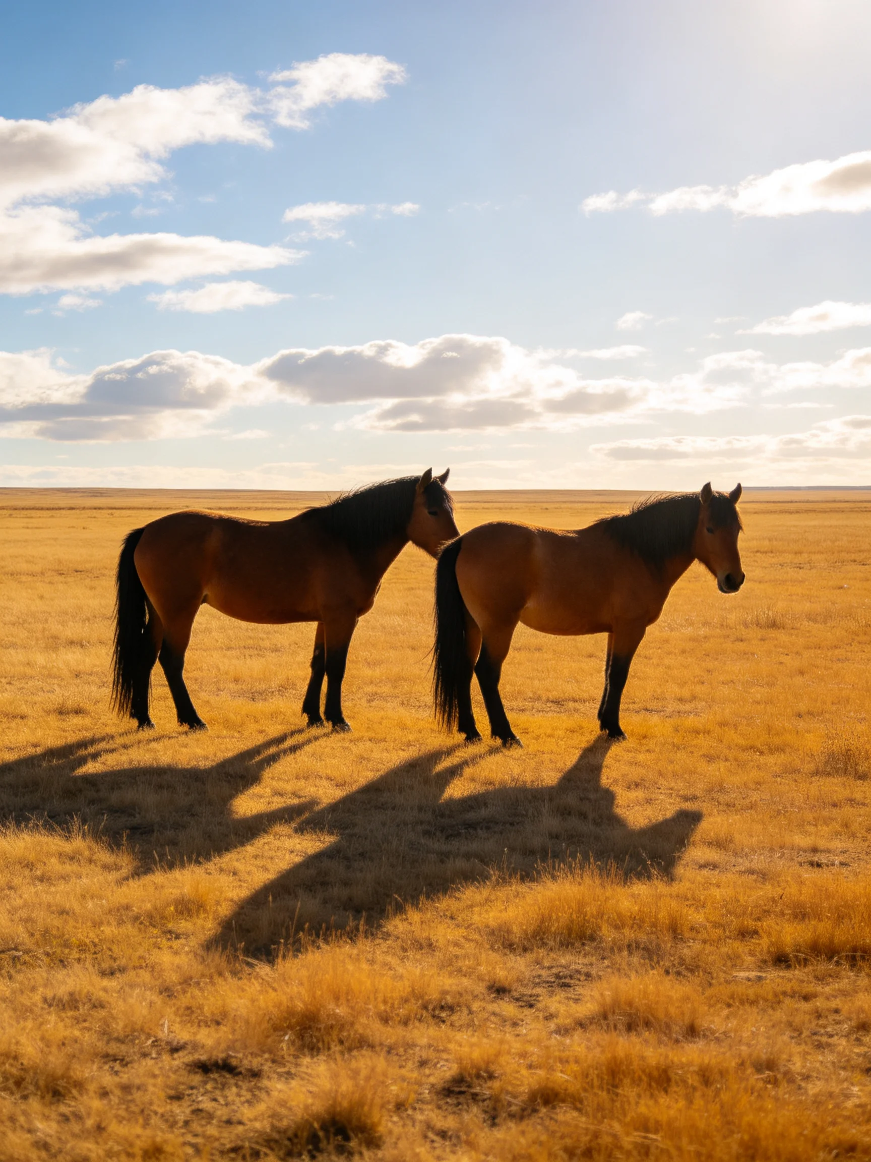 Two brown horses stand on a golden field under a bright blue sky