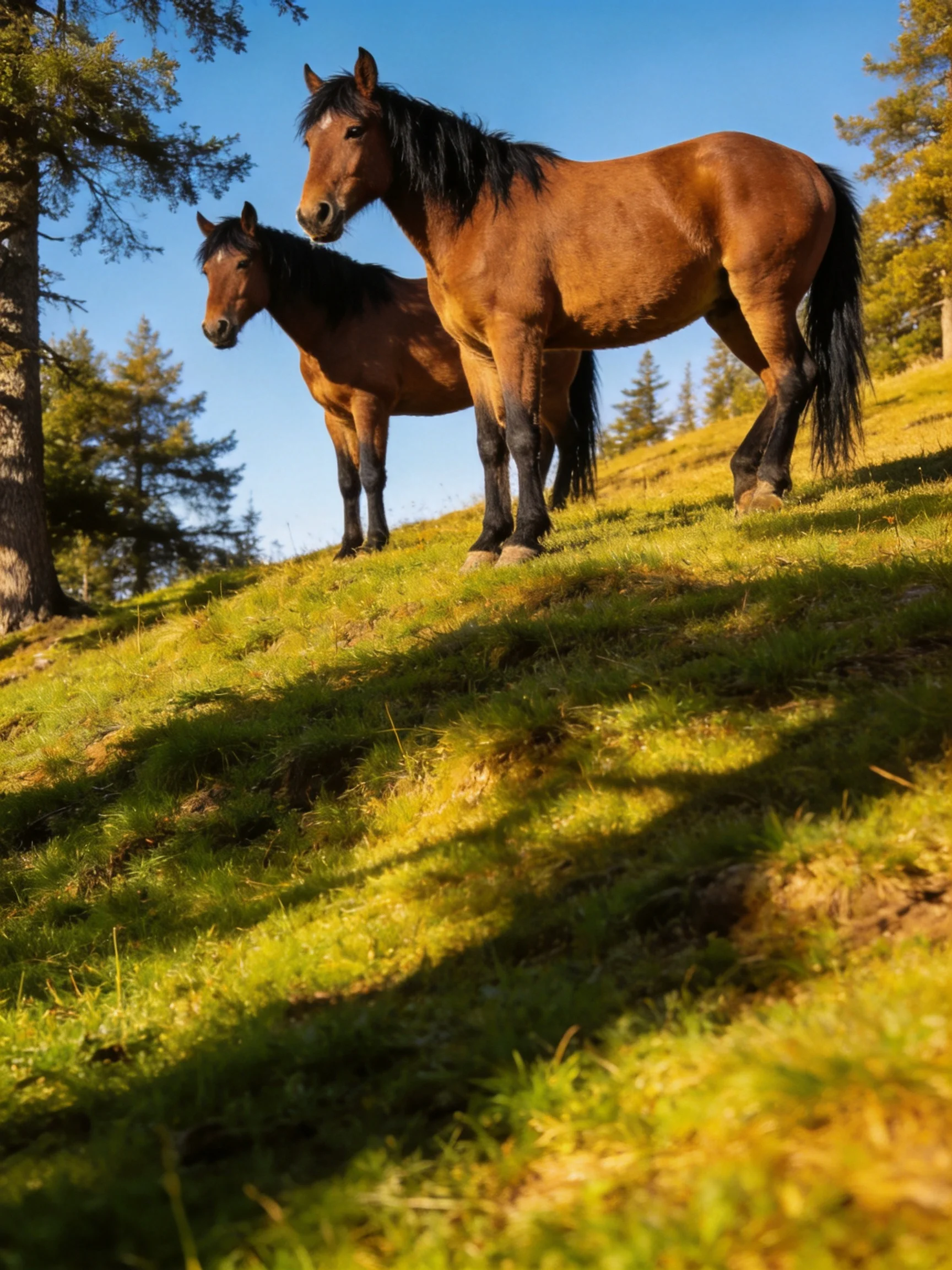 Two brown horses stand on a sun-drenched green hillside with pine trees