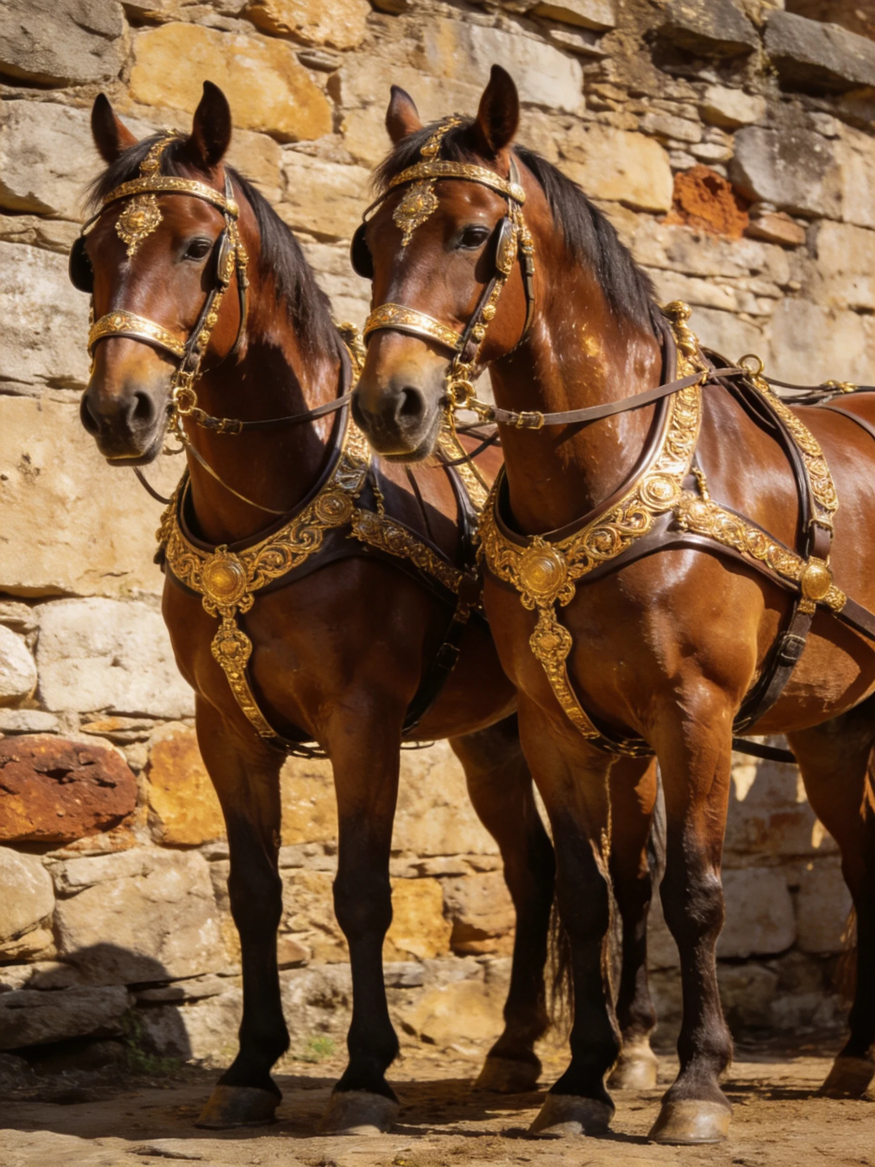 Two brown horses wear ornate golden gear next to an ancient stone wall