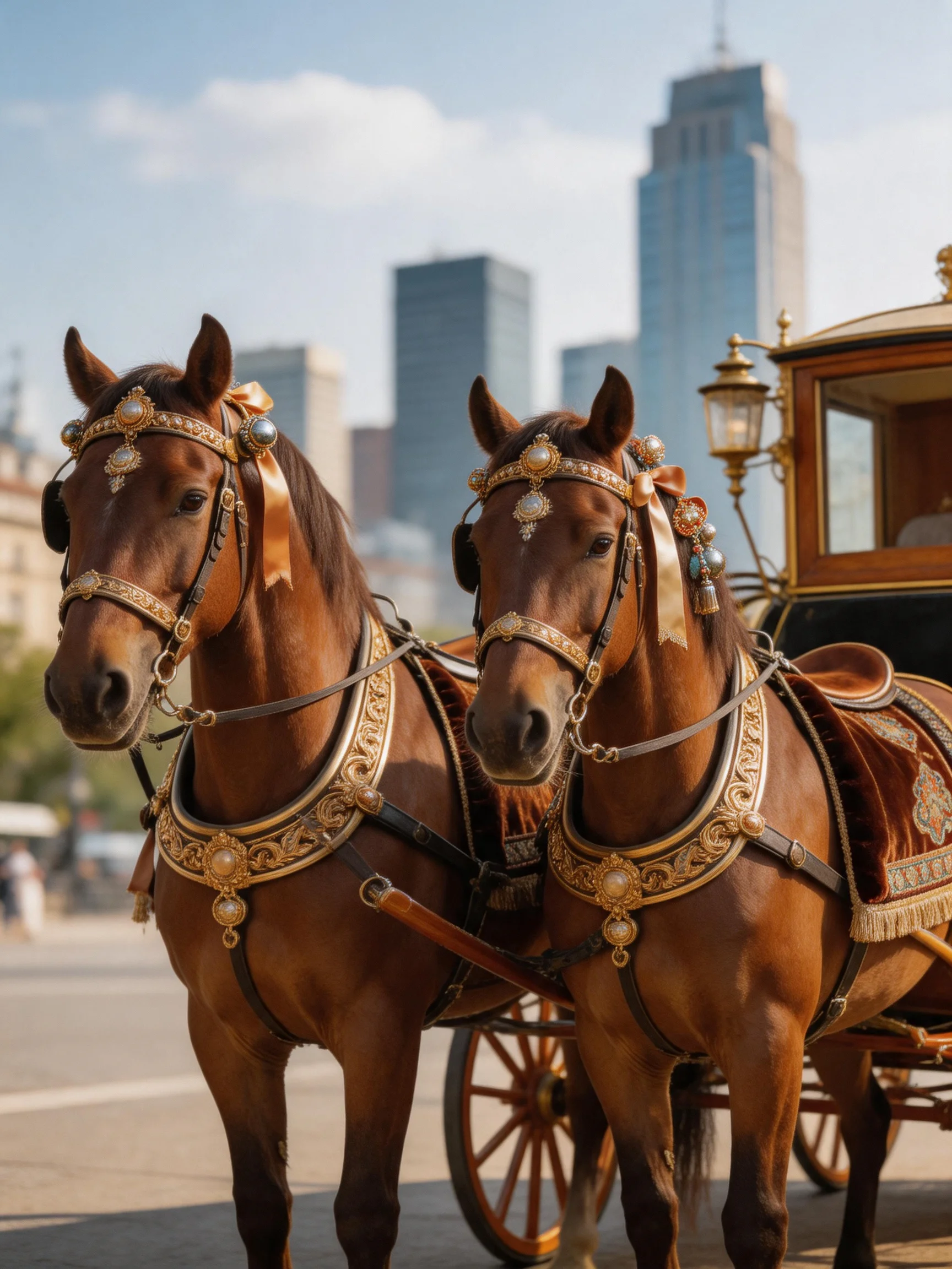 Two brown horses with ornate golden harnesses near a vintage carriage