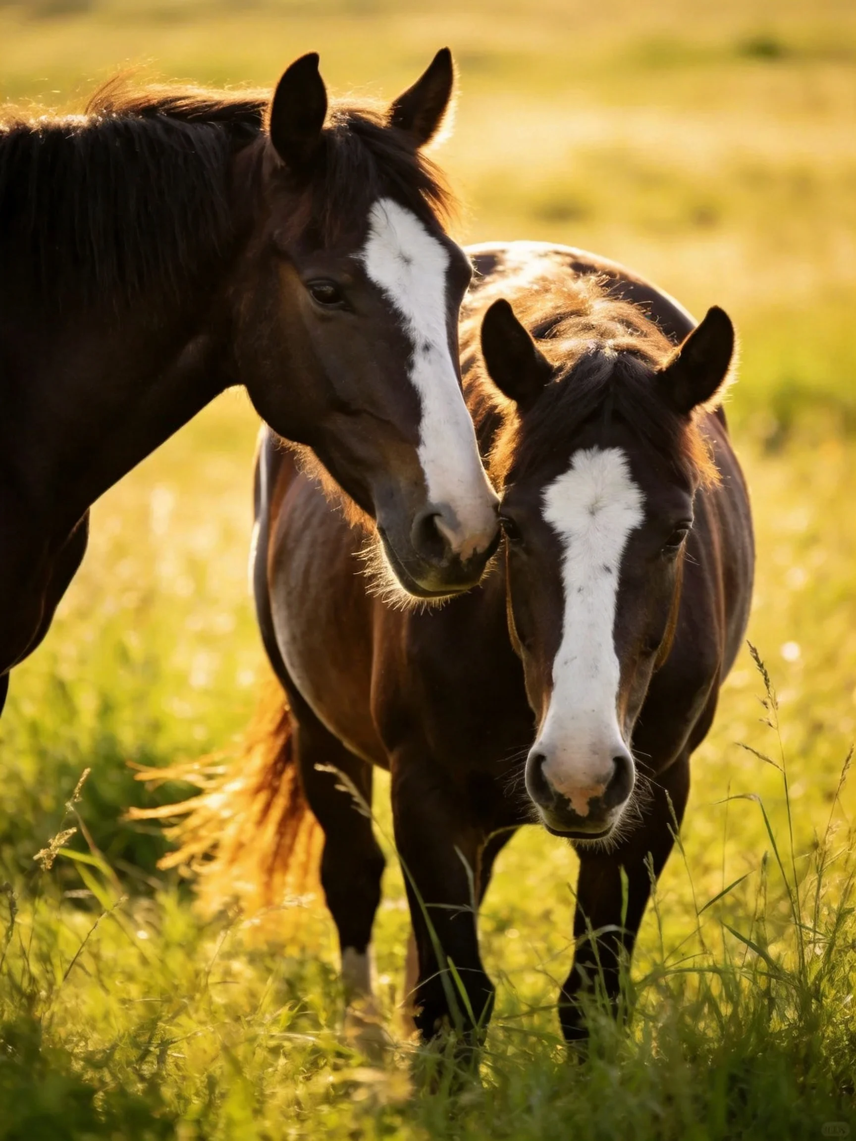 Two brown horses with white markings nuzzle in a sunlit meadow