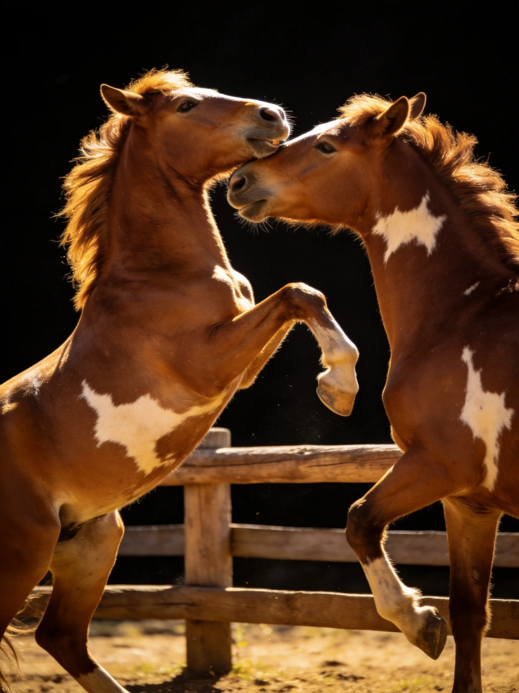 Two brown horses with white patches play near a wooden fence