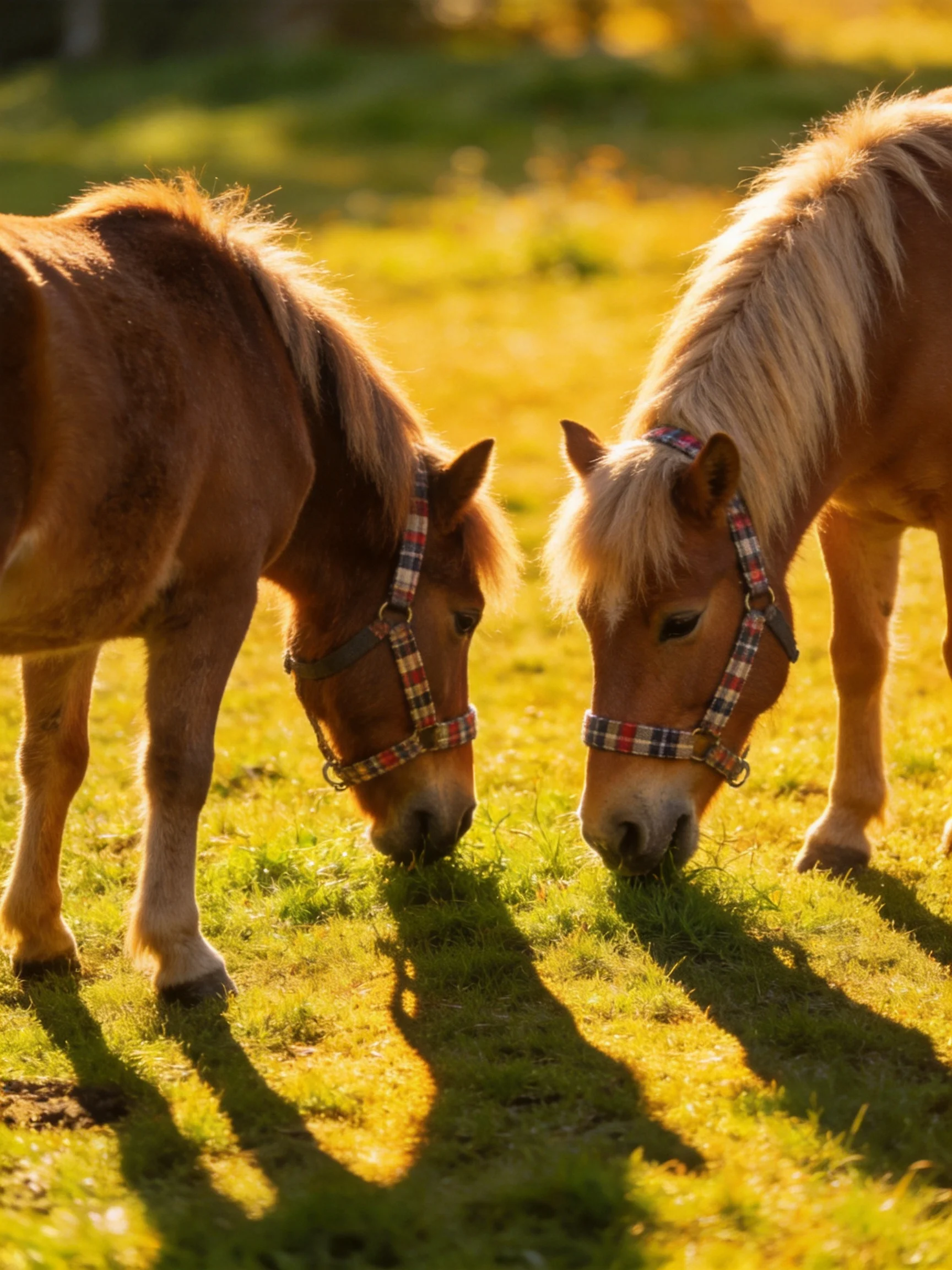 Two brown ponies graze in a sunlit golden-green field