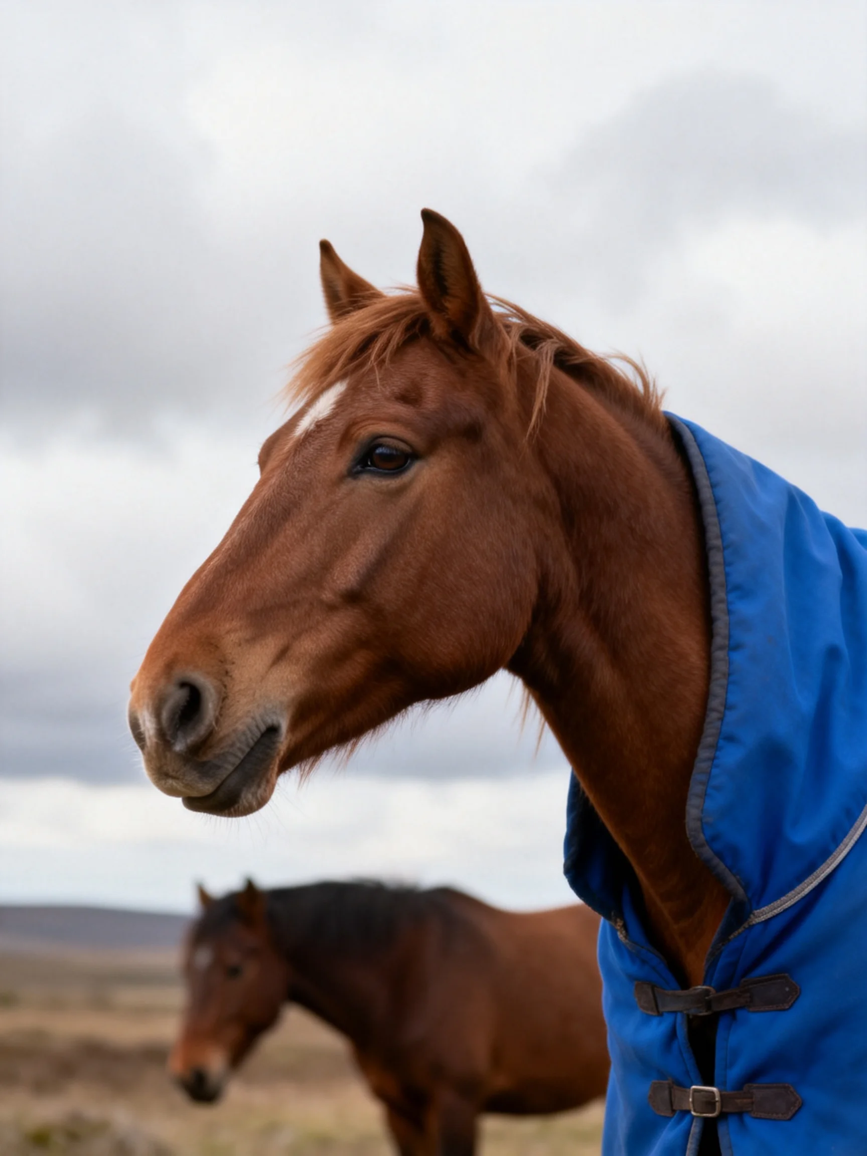 Two chestnut - brown horses, one in a vivid blue coat, in an open field