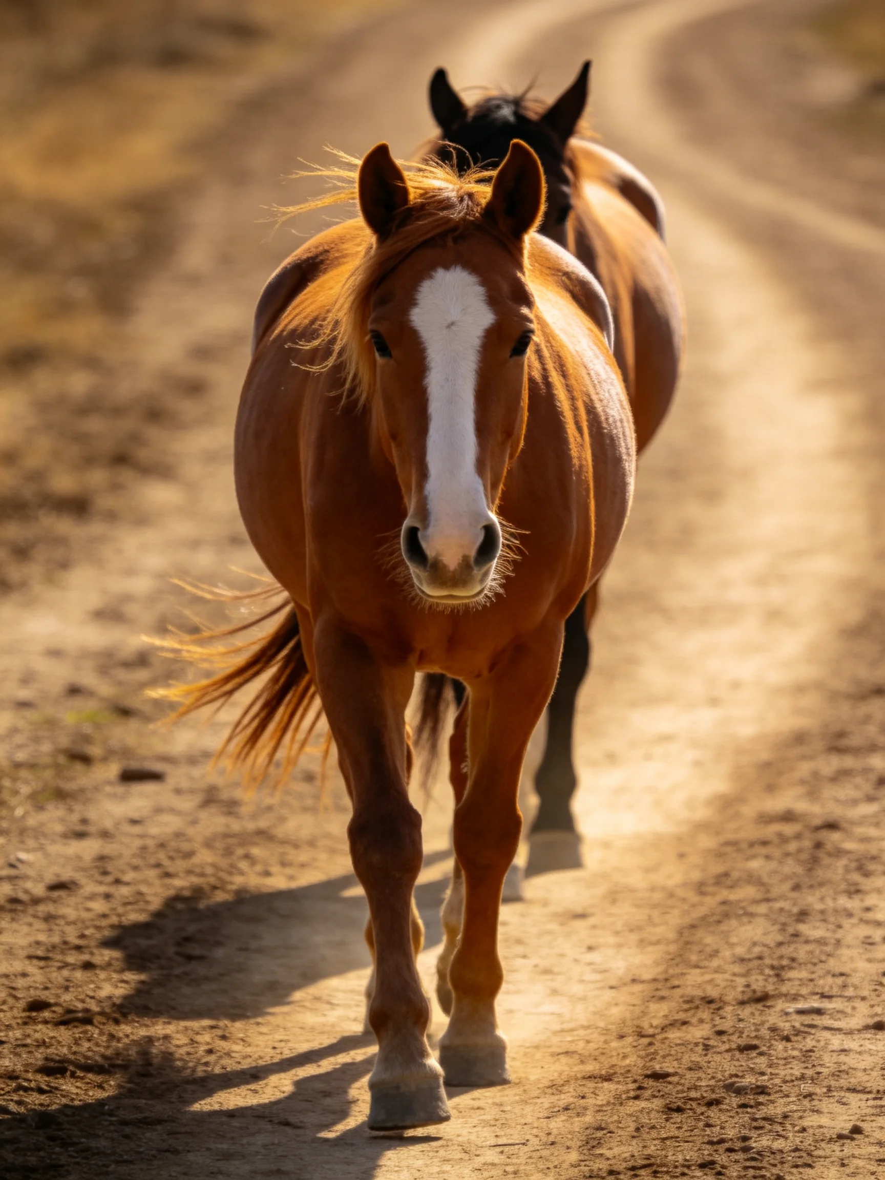 A chestnut horse with a white blaze leads a dark horse down a sunlit dirt road.