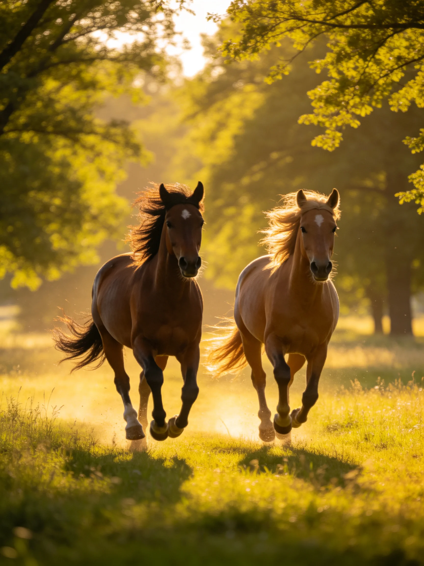 Two chestnut and palomino horses gallop through a sun-drenched forest clearing