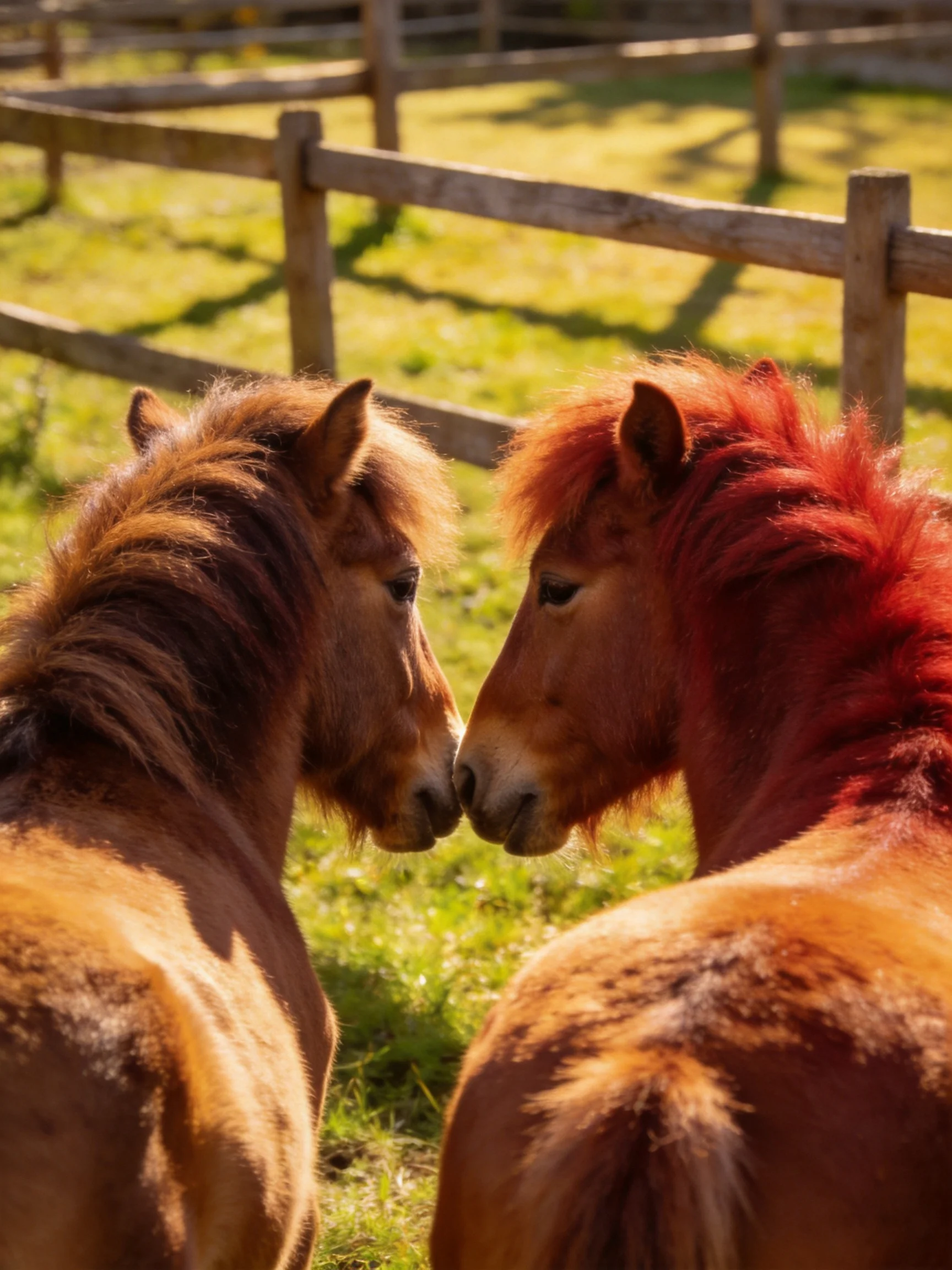 Two chestnut and sorrel ponies nuzzling by wooden fencing