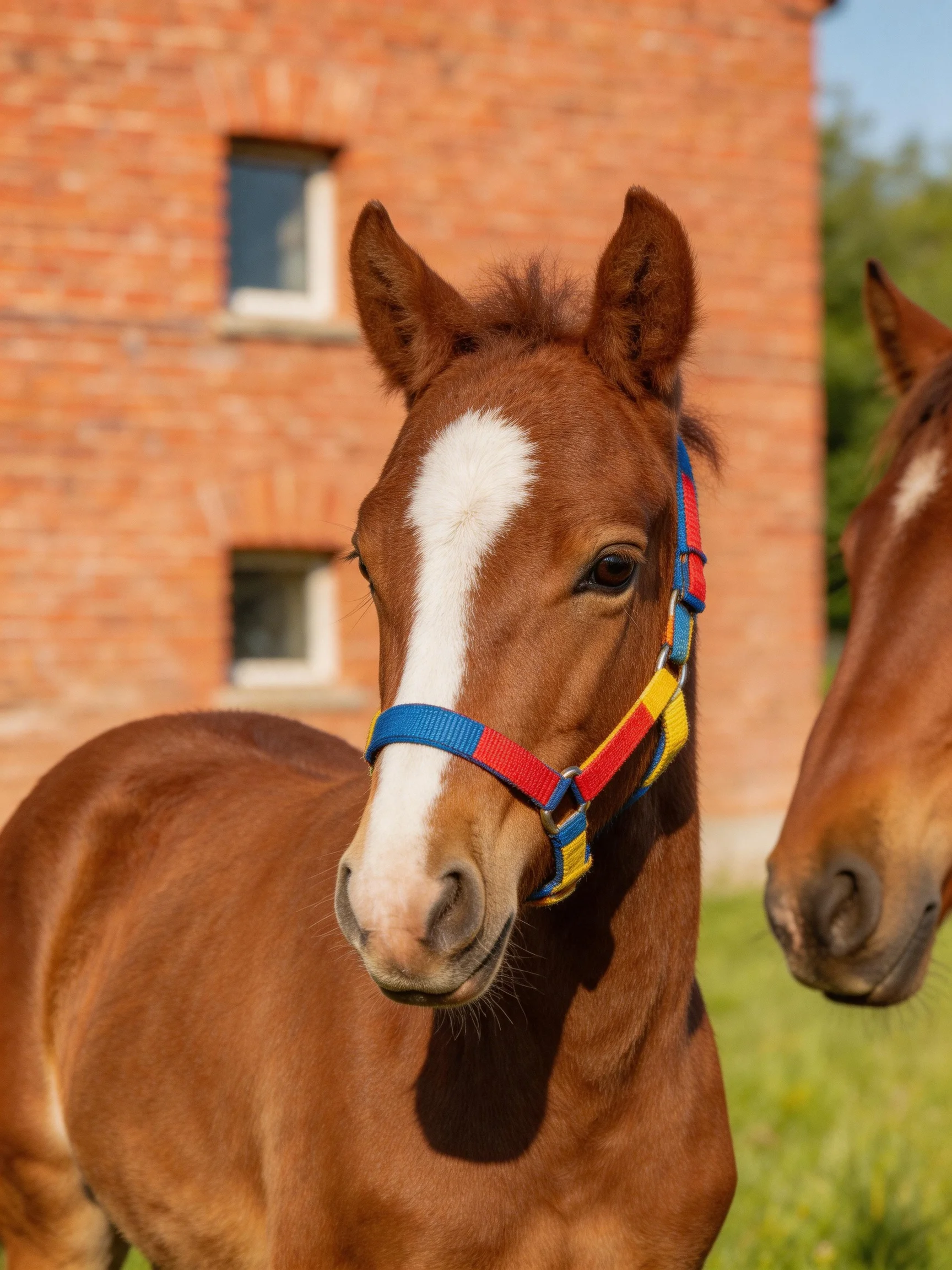 Two chestnut foals wear colorful halters beside a red-brick building