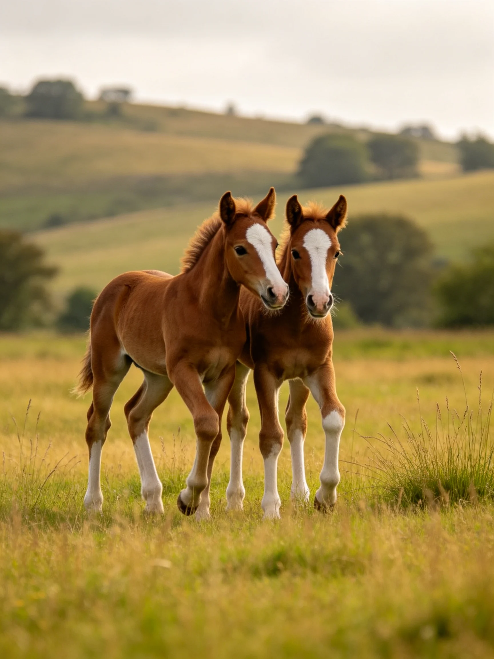 Two chestnut foals with white markings trotting through a golden meadow