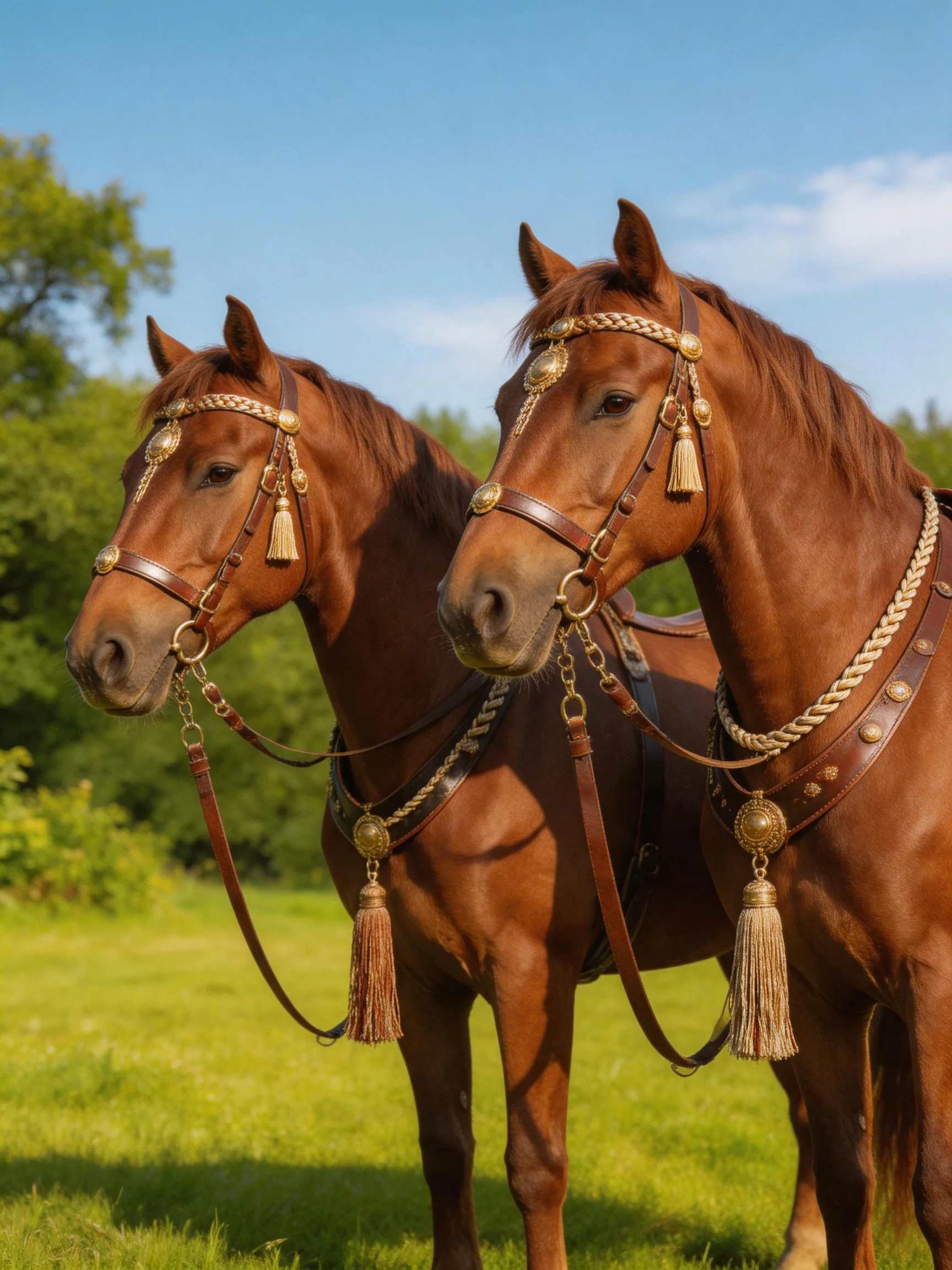 Two chestnut horses adorned with elaborate golden tack in a sunlit meadow