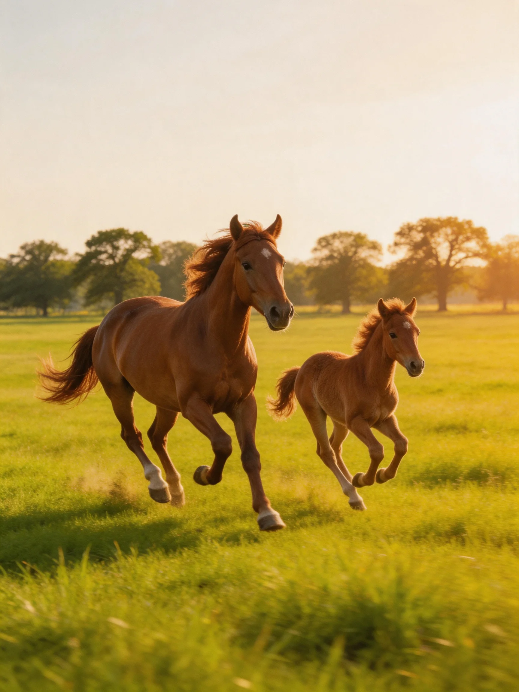 Two chestnut horses, an adult and a foal, gallop through a sunlit green meadow
