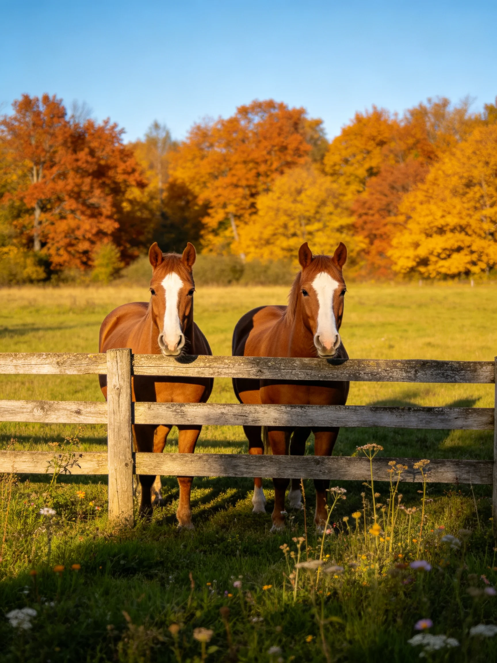 Two chestnut horses by a wooden fence with colorful autumn foliage
