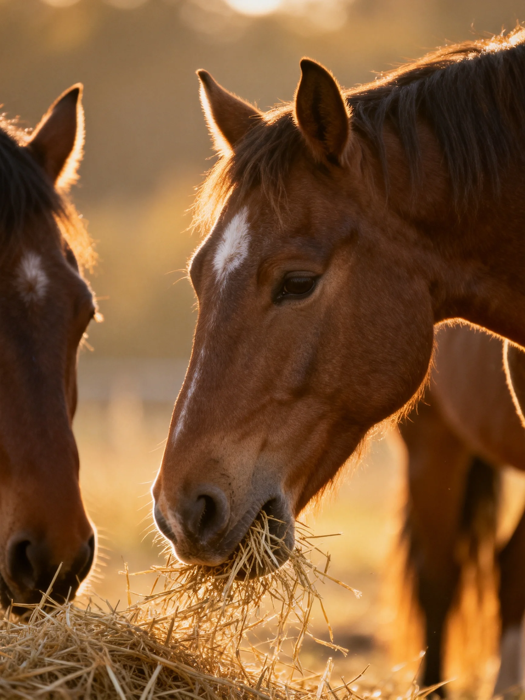 Two chestnut horses eat hay in golden sunlight