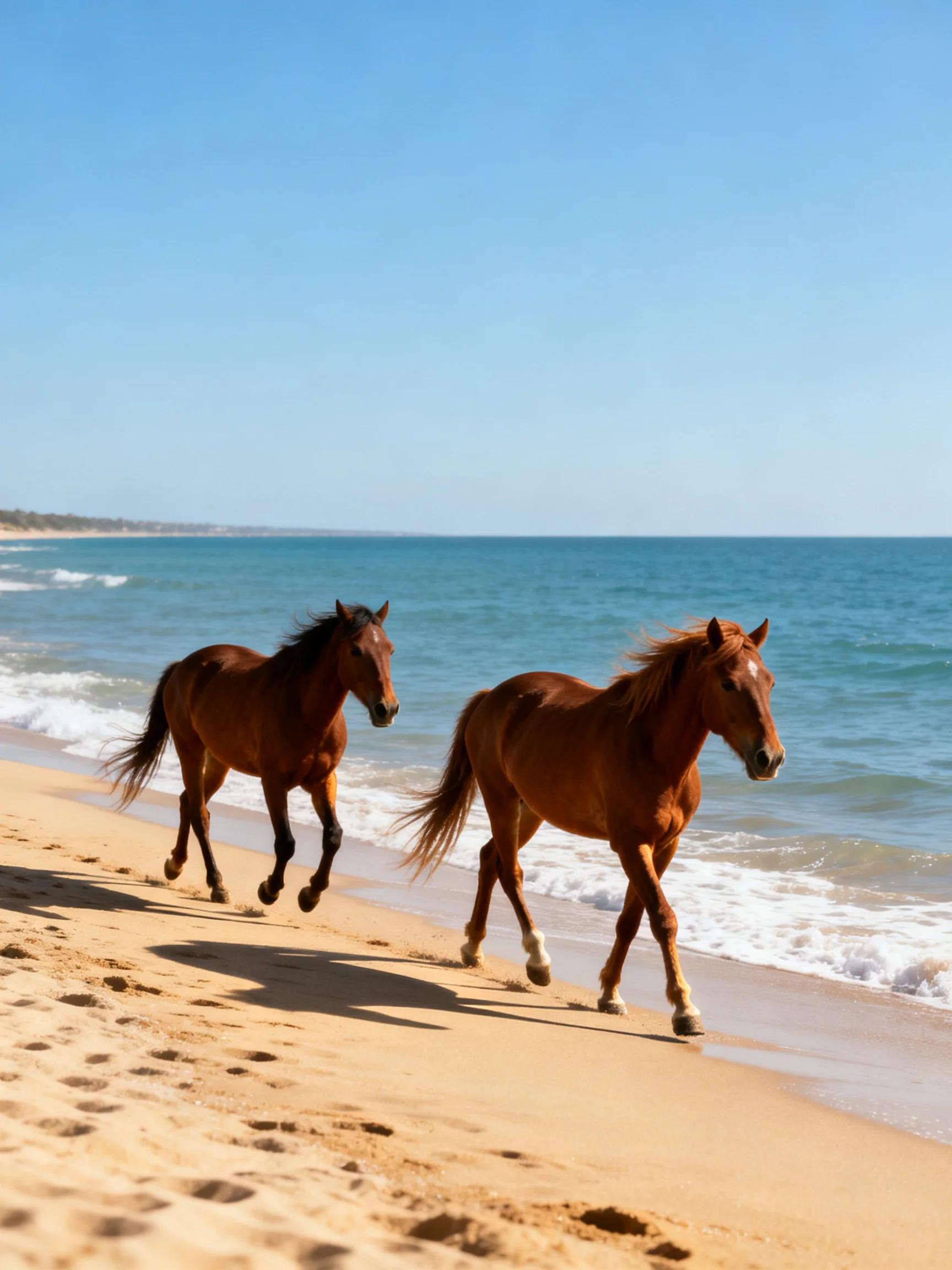 Two chestnut horses gallop along a sandy shoreline by the ocean