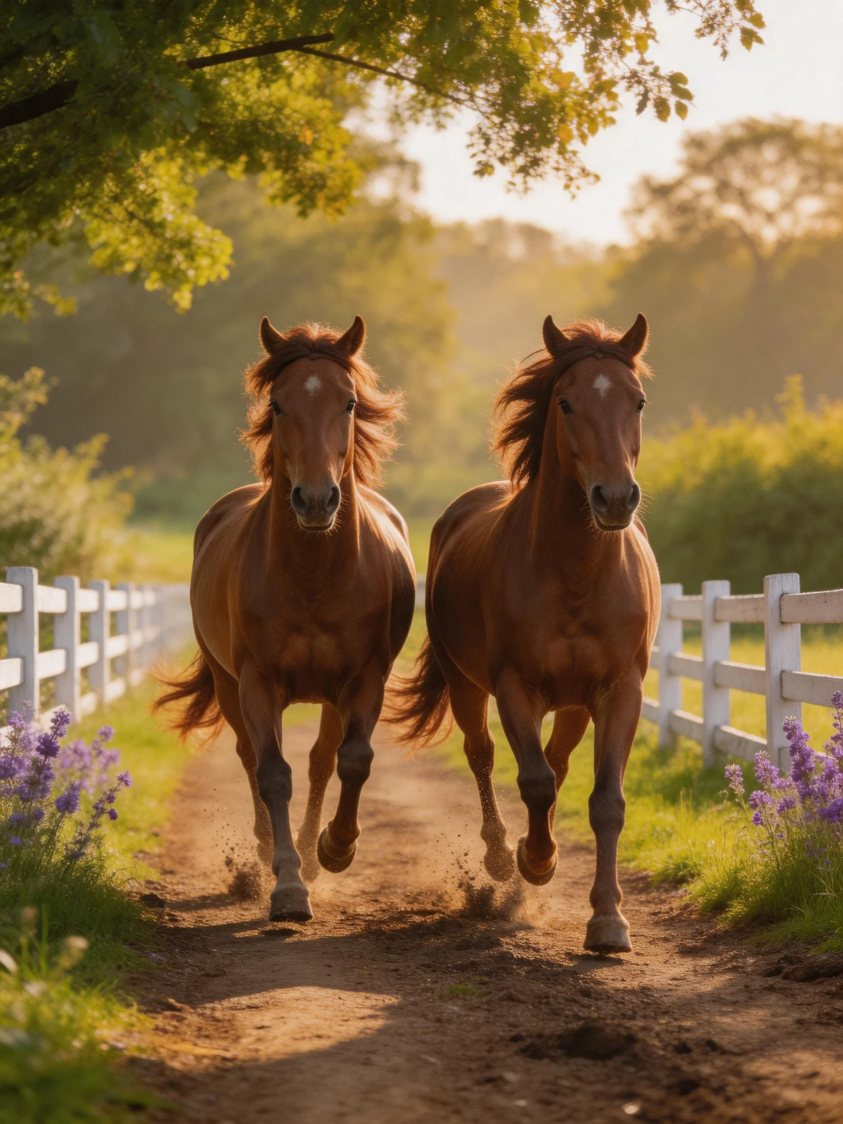 Two chestnut horses gallop along a sunlit dirt path