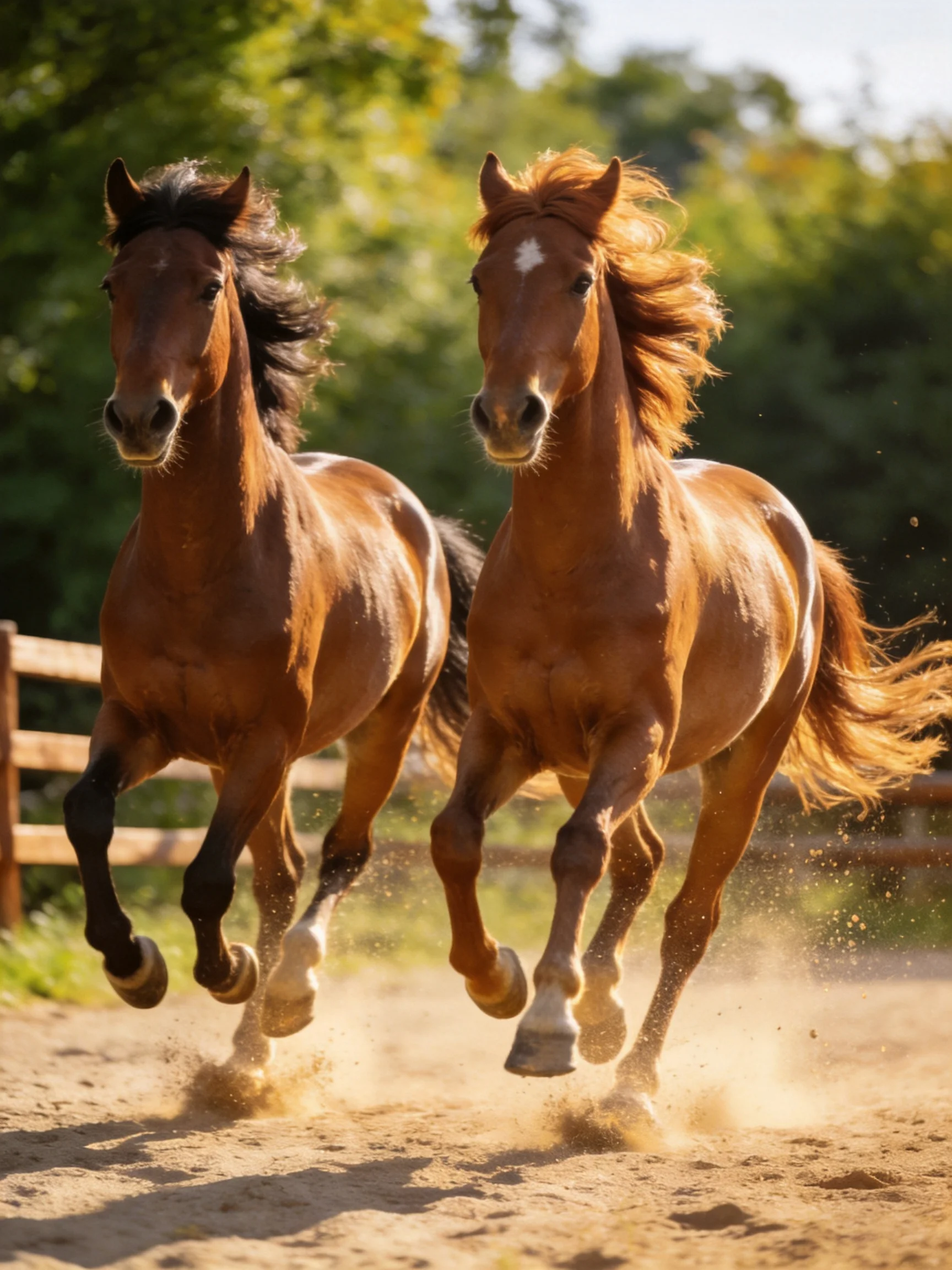 Two chestnut horses gallop energetically on a dusty outdoor path