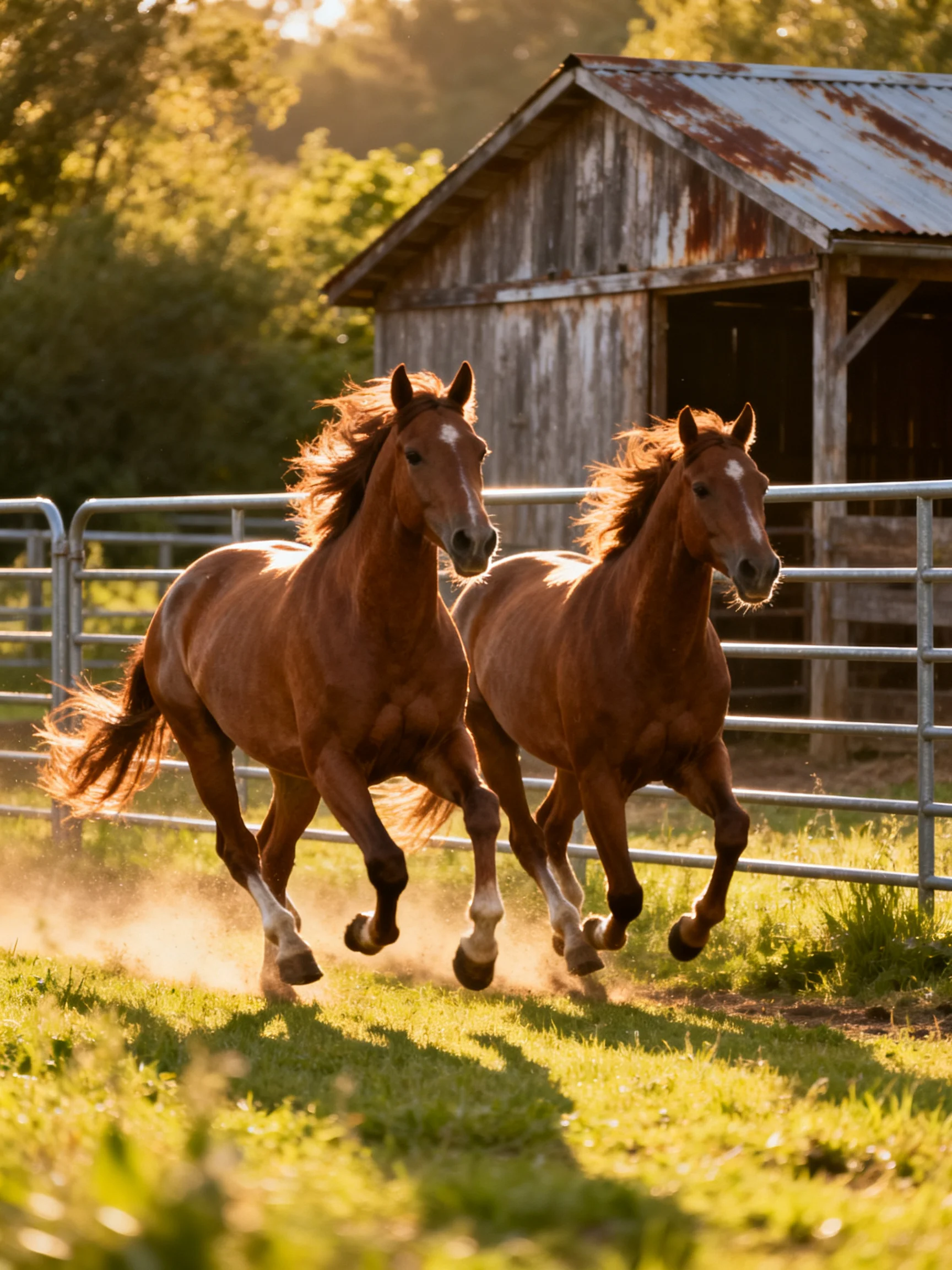 Two chestnut horses gallop near a weathered wooden barn