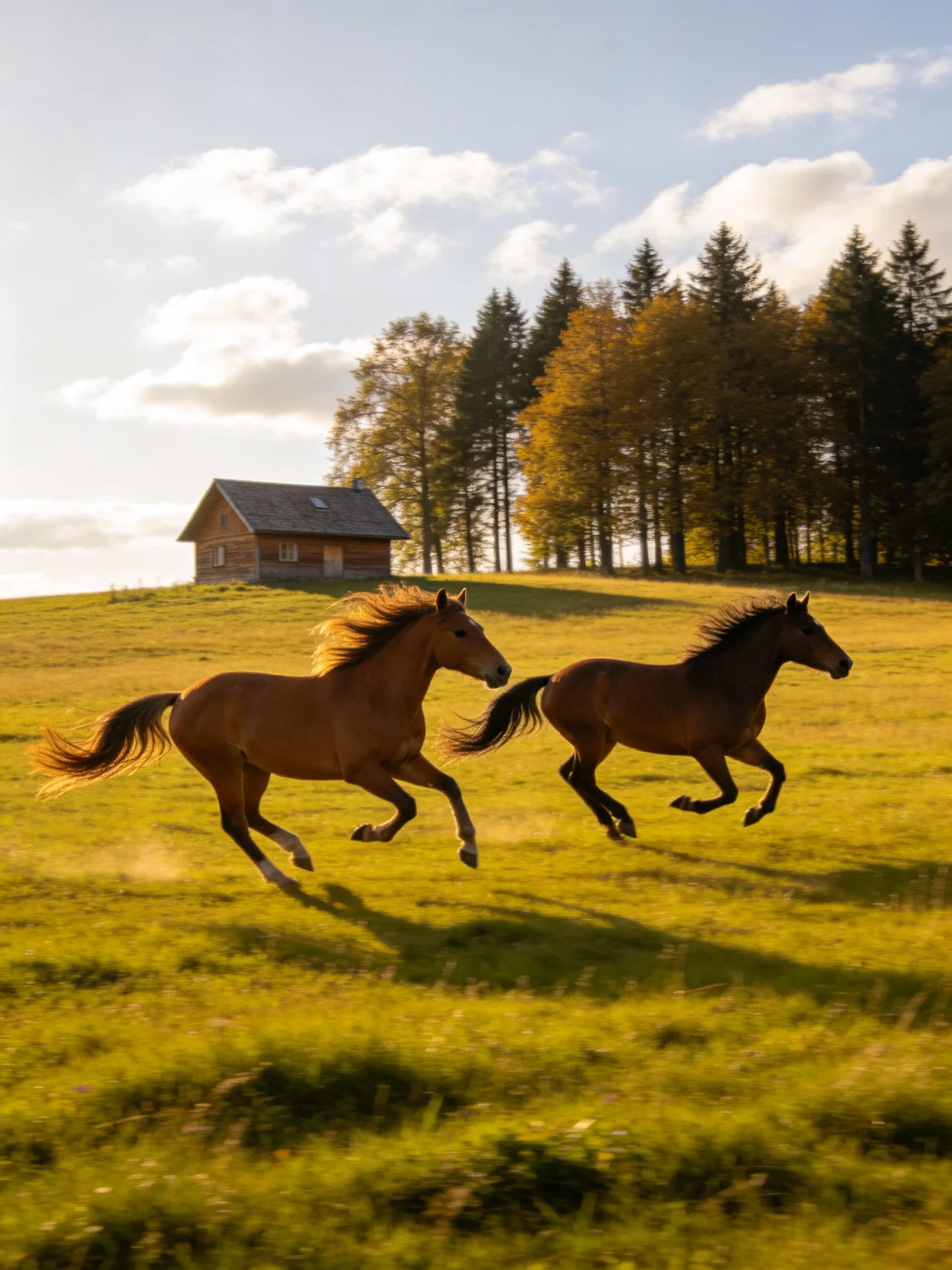 Two chestnut horses gallop through a golden meadow near a rustic cabin