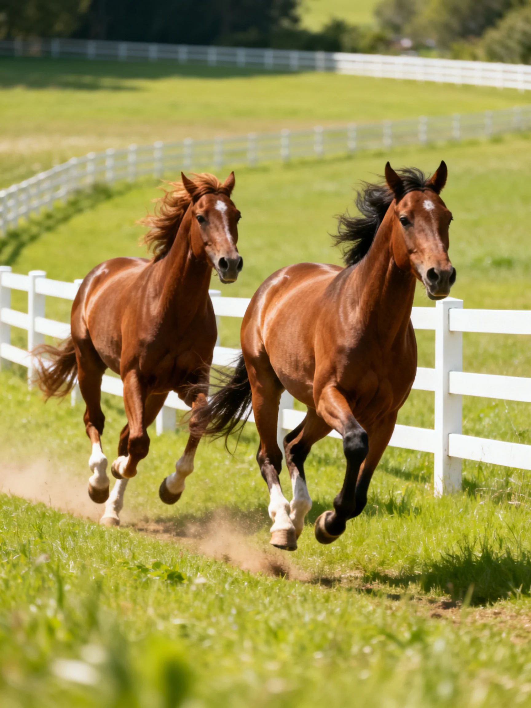 Two chestnut horses gallop through a lush green pasture near white fences