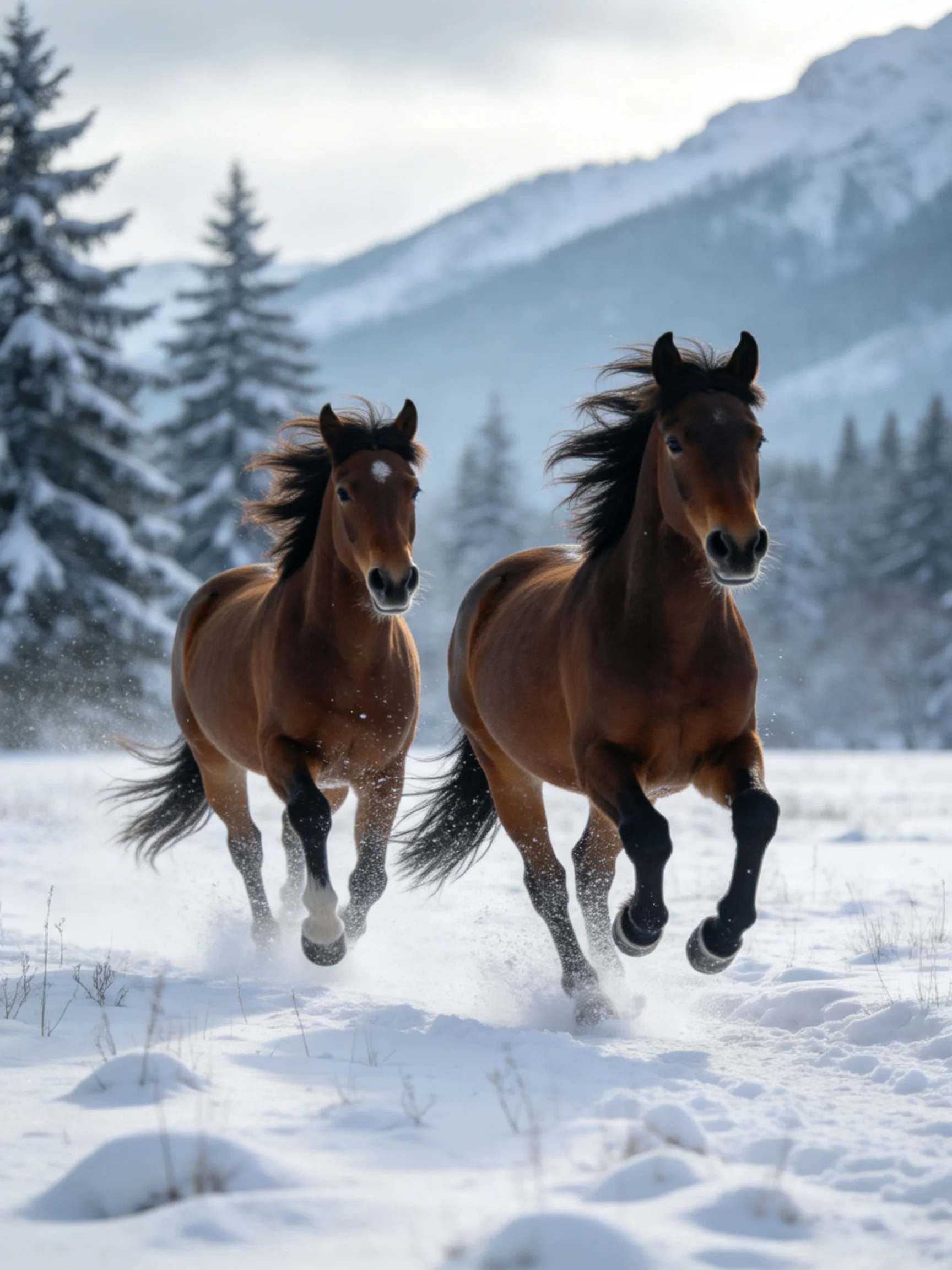 Two chestnut horses gallop through a snowy mountain meadow