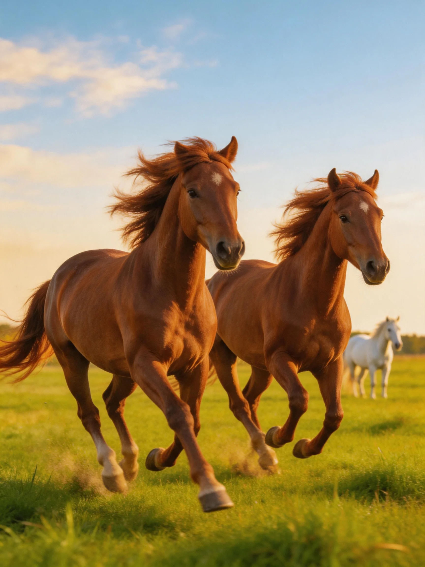 Two chestnut horses gallop through a sunlit green meadow