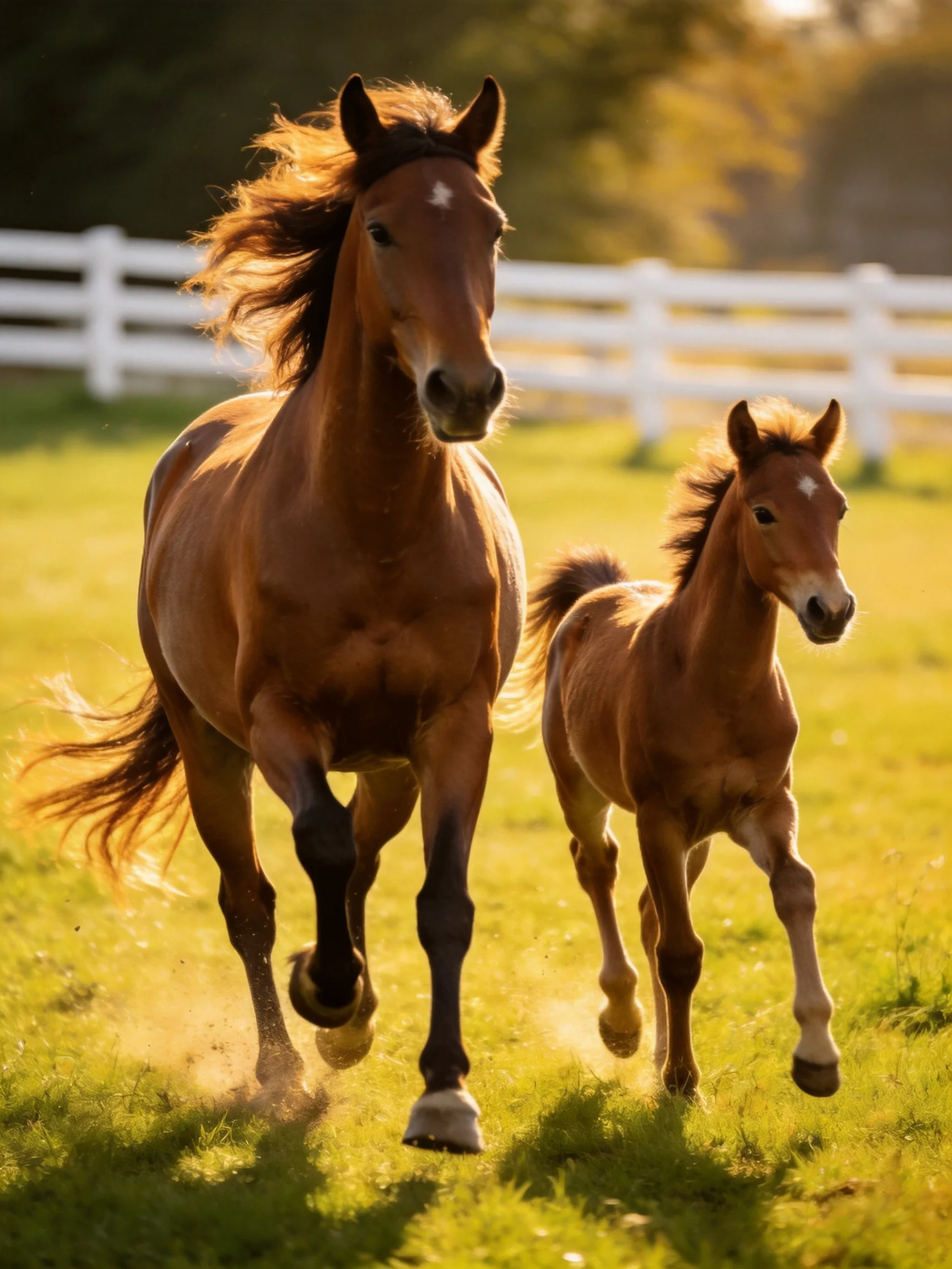 Two chestnut horses gallop through a sunlit green pasture