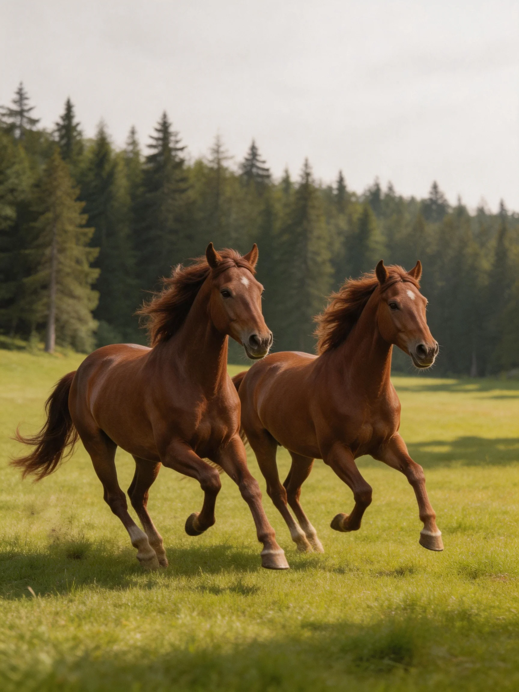 Two chestnut horses gallop through a sunlit meadow near evergreen forests.
