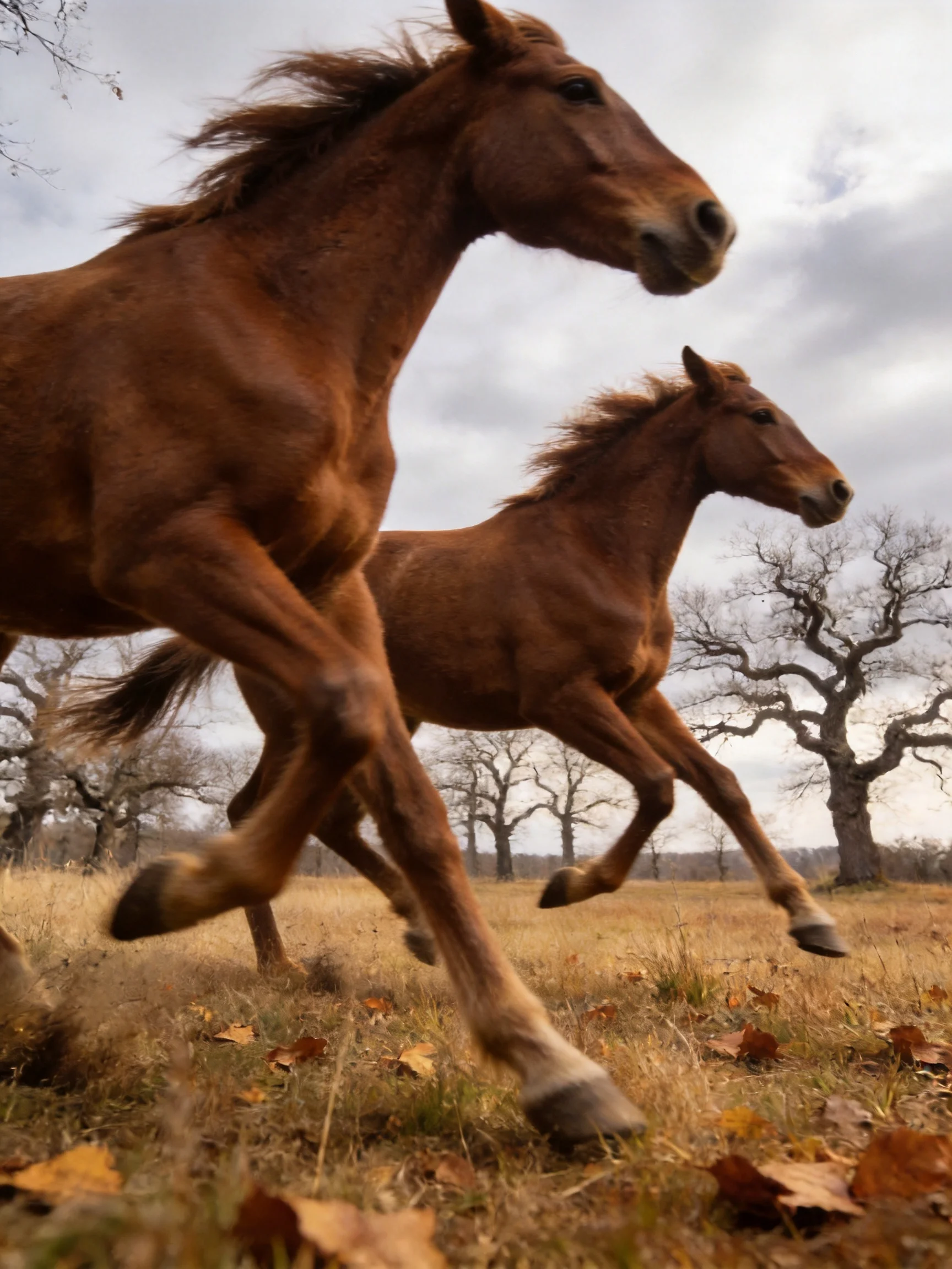 Two chestnut horses gallop through an autumn field with bare trees