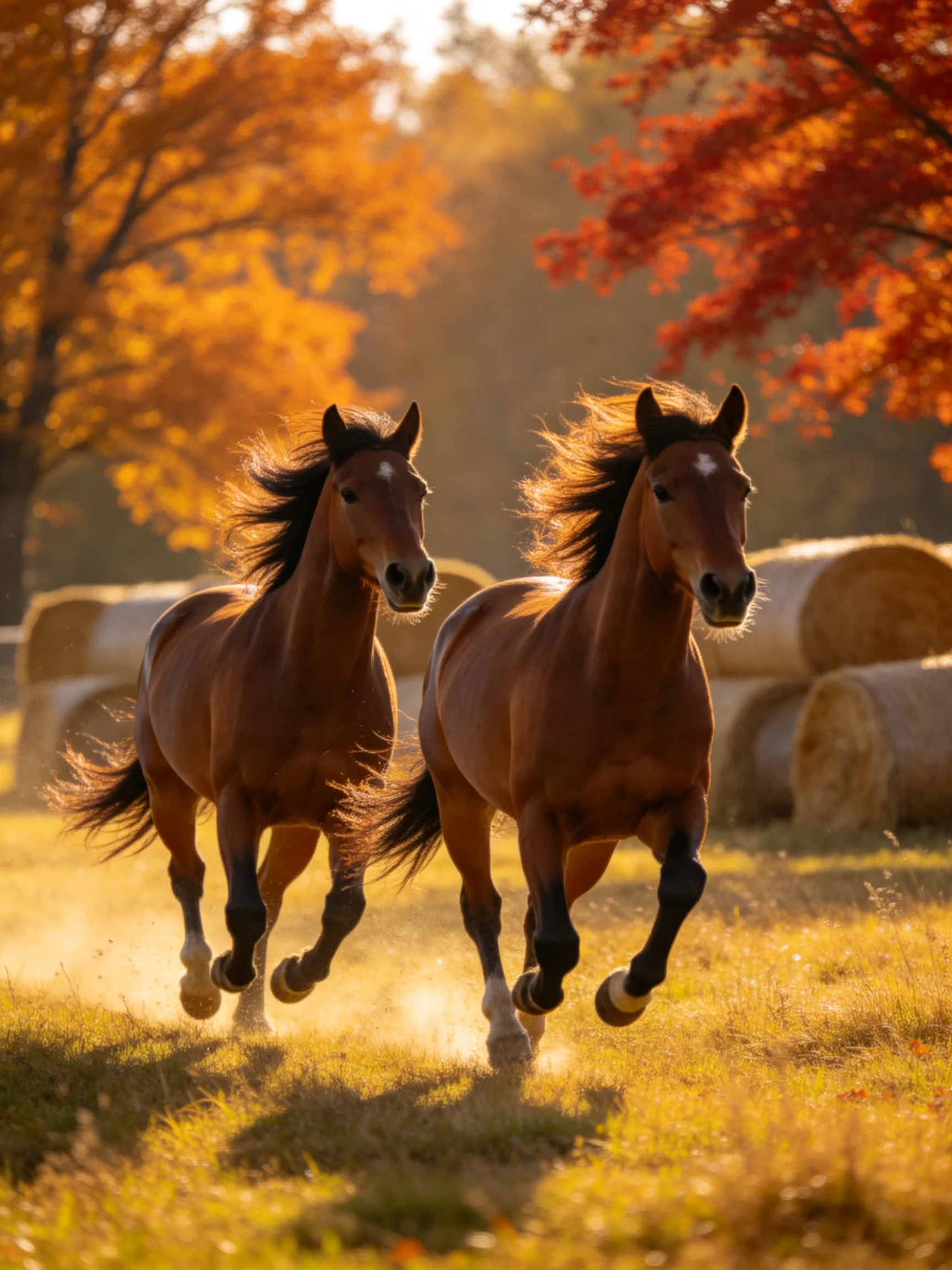 Two chestnut horses gallop through an autumn field with golden hay bales