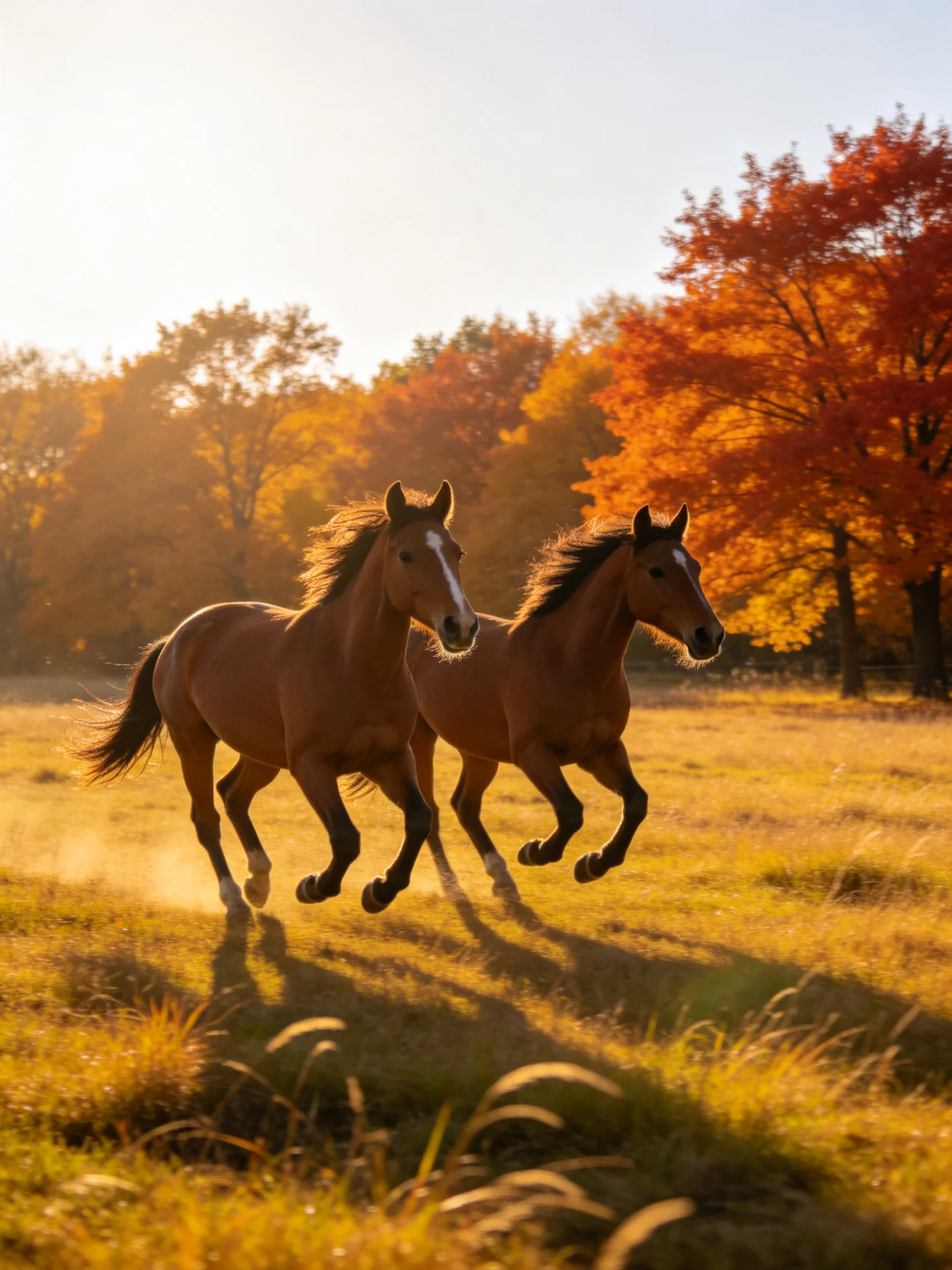 Two chestnut horses gallop through an autumnal golden field