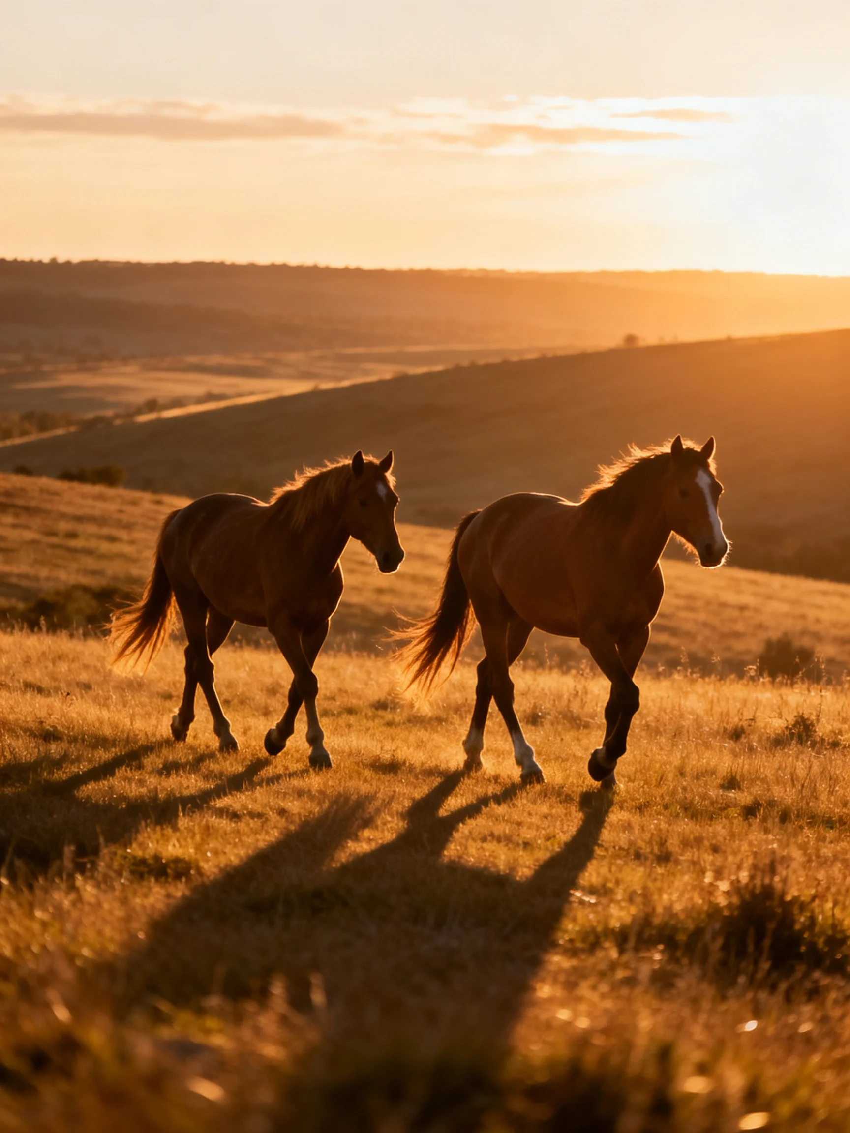 Two chestnut horses gallop through golden fields at sunset