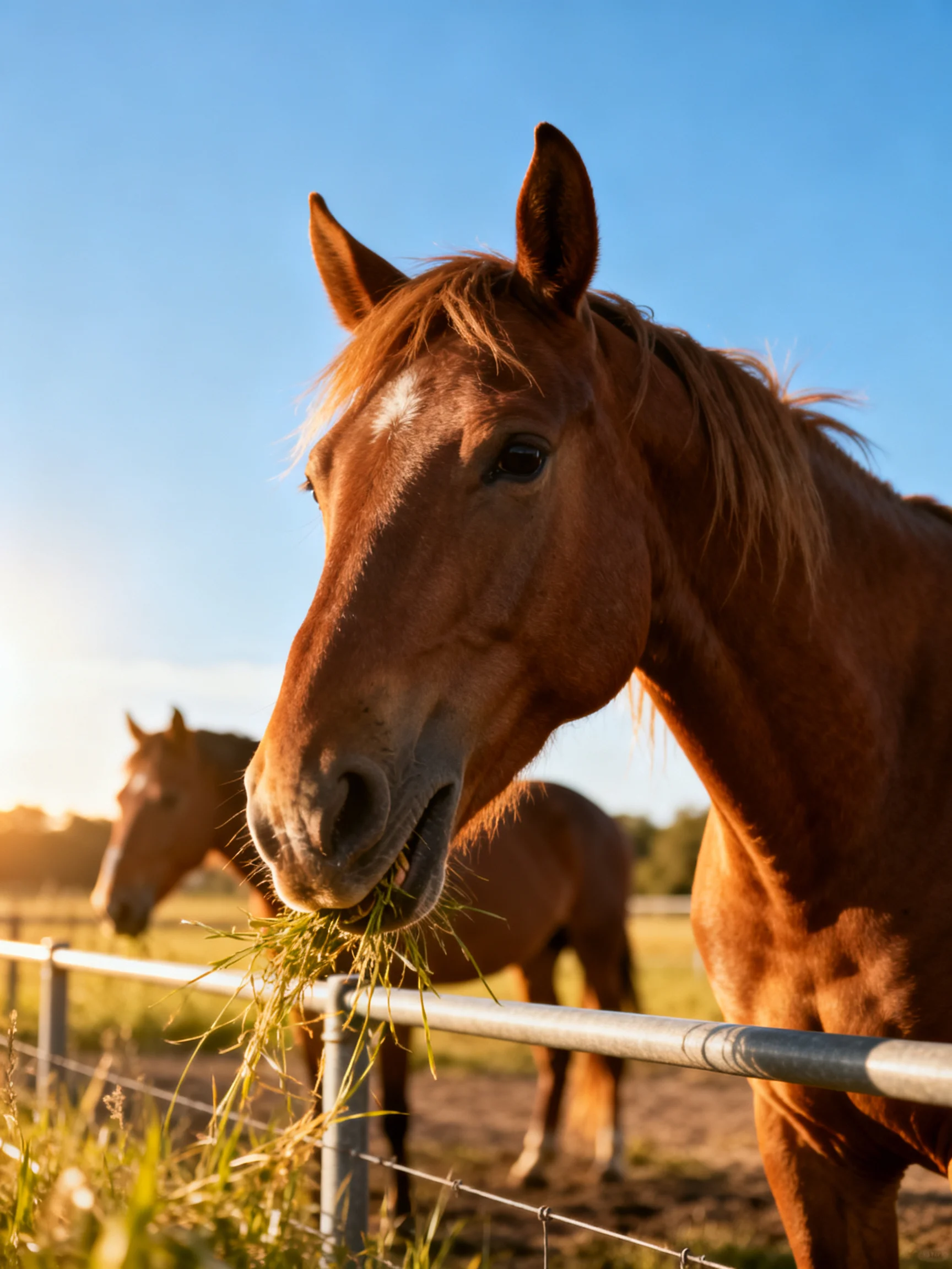 Two chestnut horses graze by a metal fence in a sunlit pasture