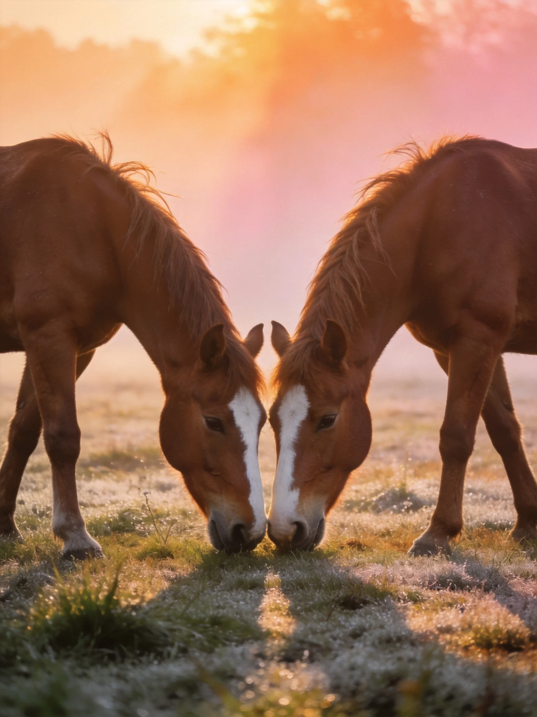 Two chestnut horses graze closely in a dewy, sunlit meadow at dawn