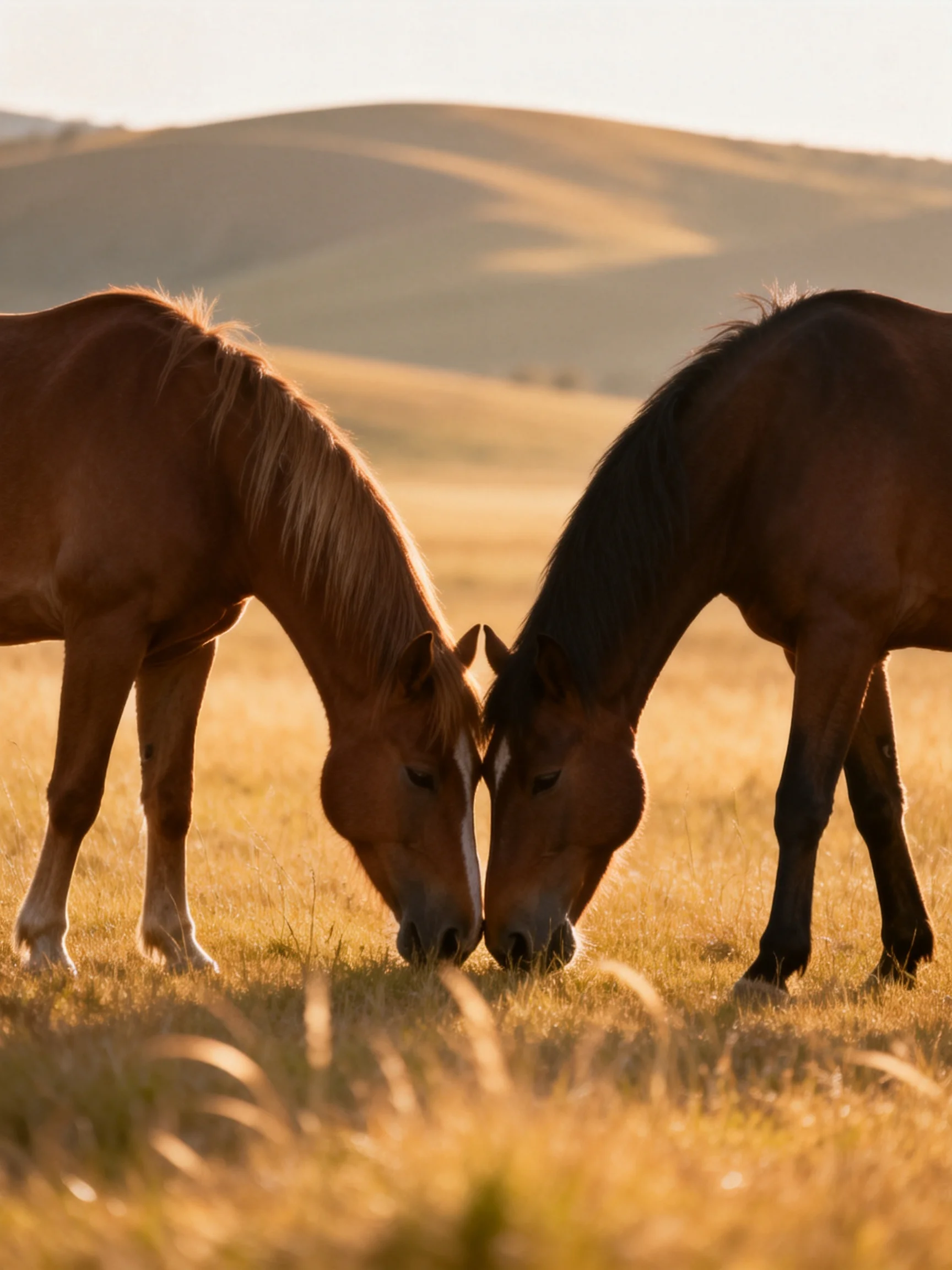 Two chestnut horses graze closely in a sunlit golden field