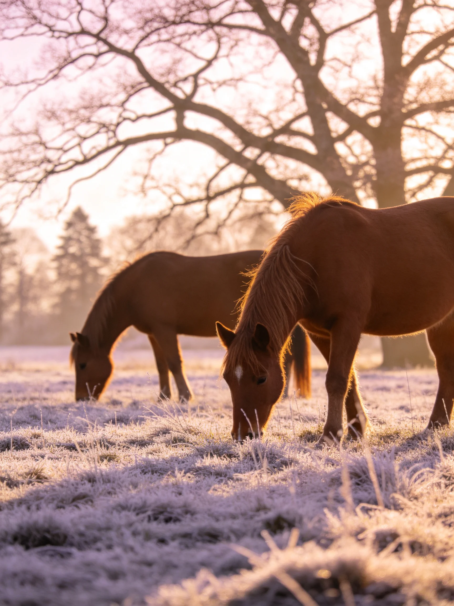Two chestnut horses graze in a frosty field beneath bare trees