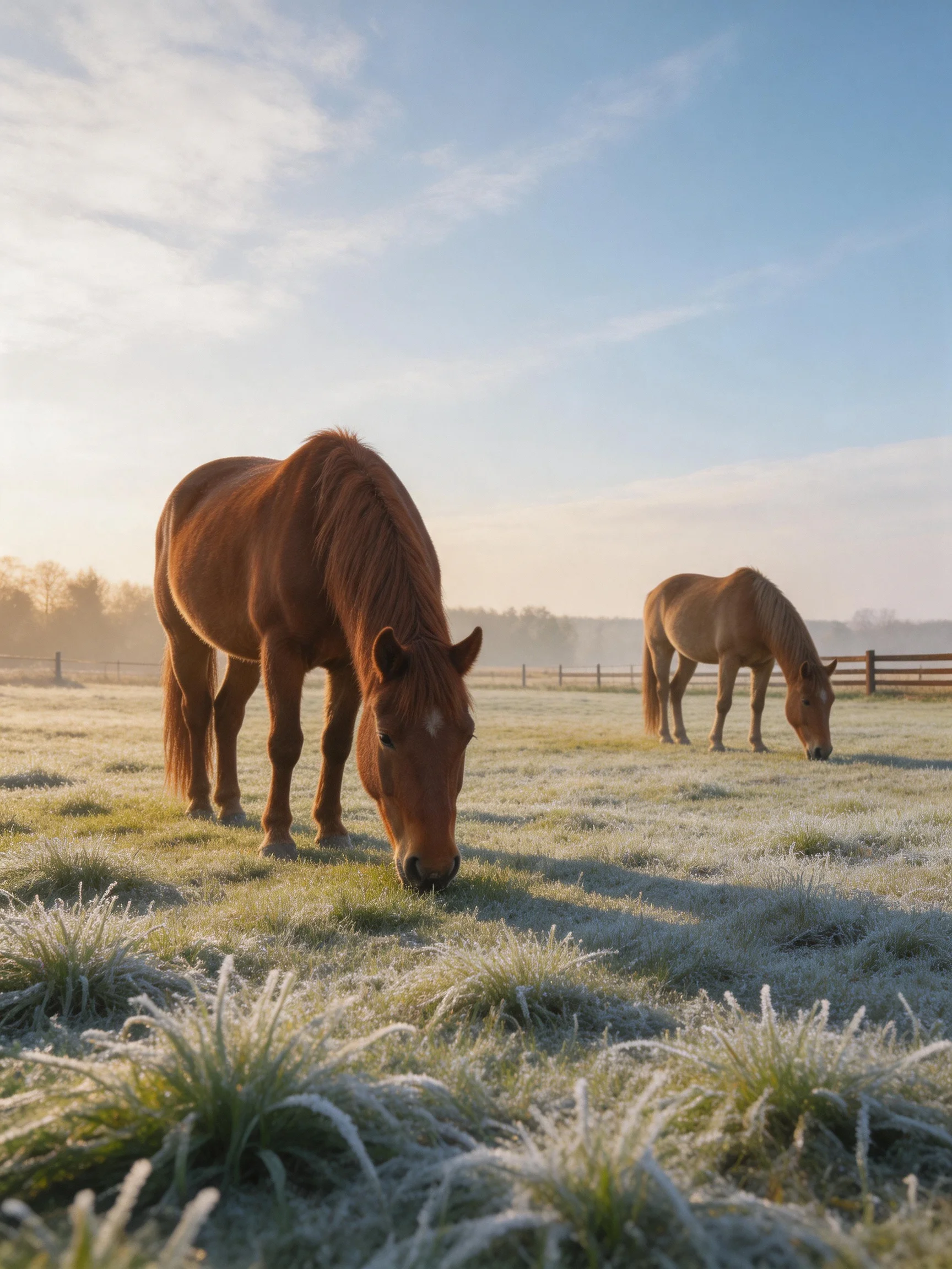 Two chestnut horses graze in a frosty pasture with morning light
