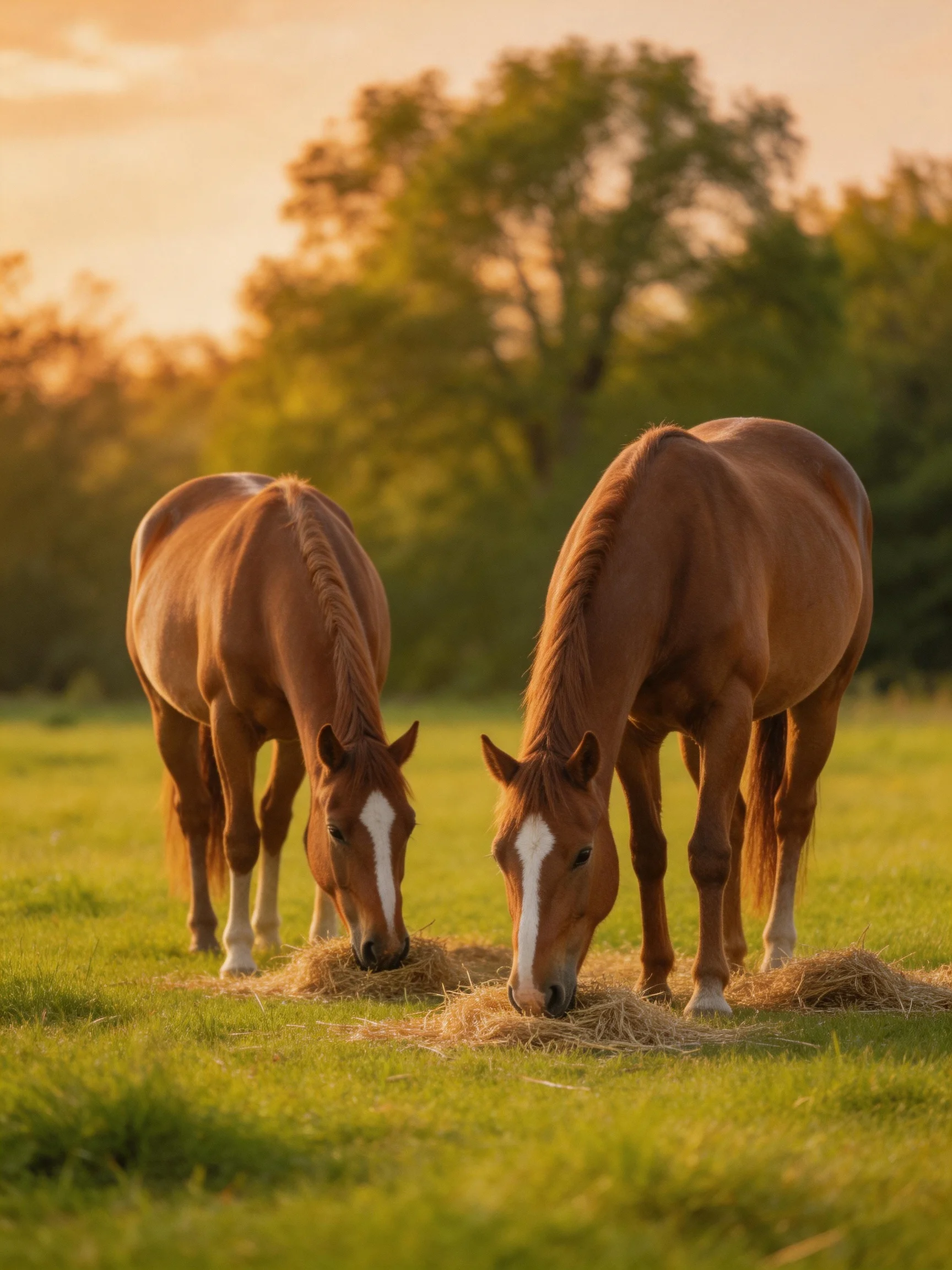 Two chestnut horses eat hay in a sunlit green meadow.