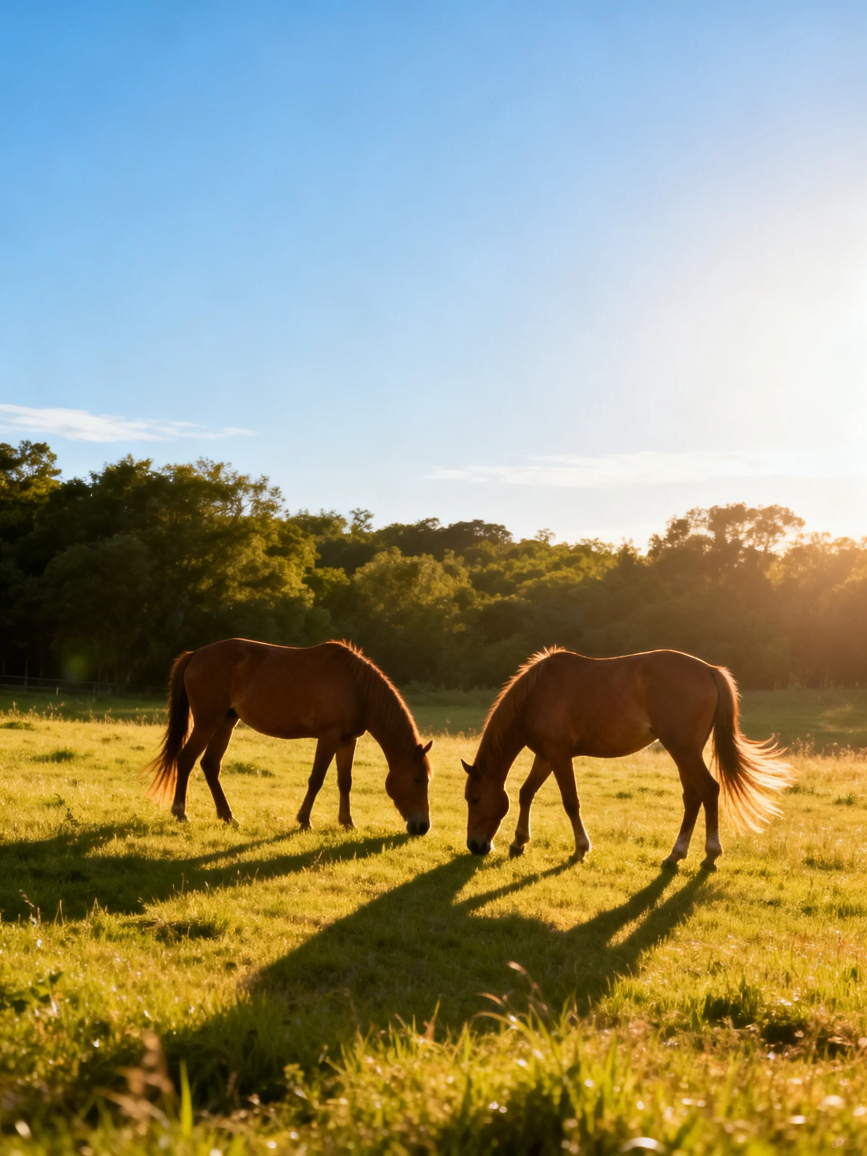 Two chestnut horses graze in a golden meadow beneath bright sunlight