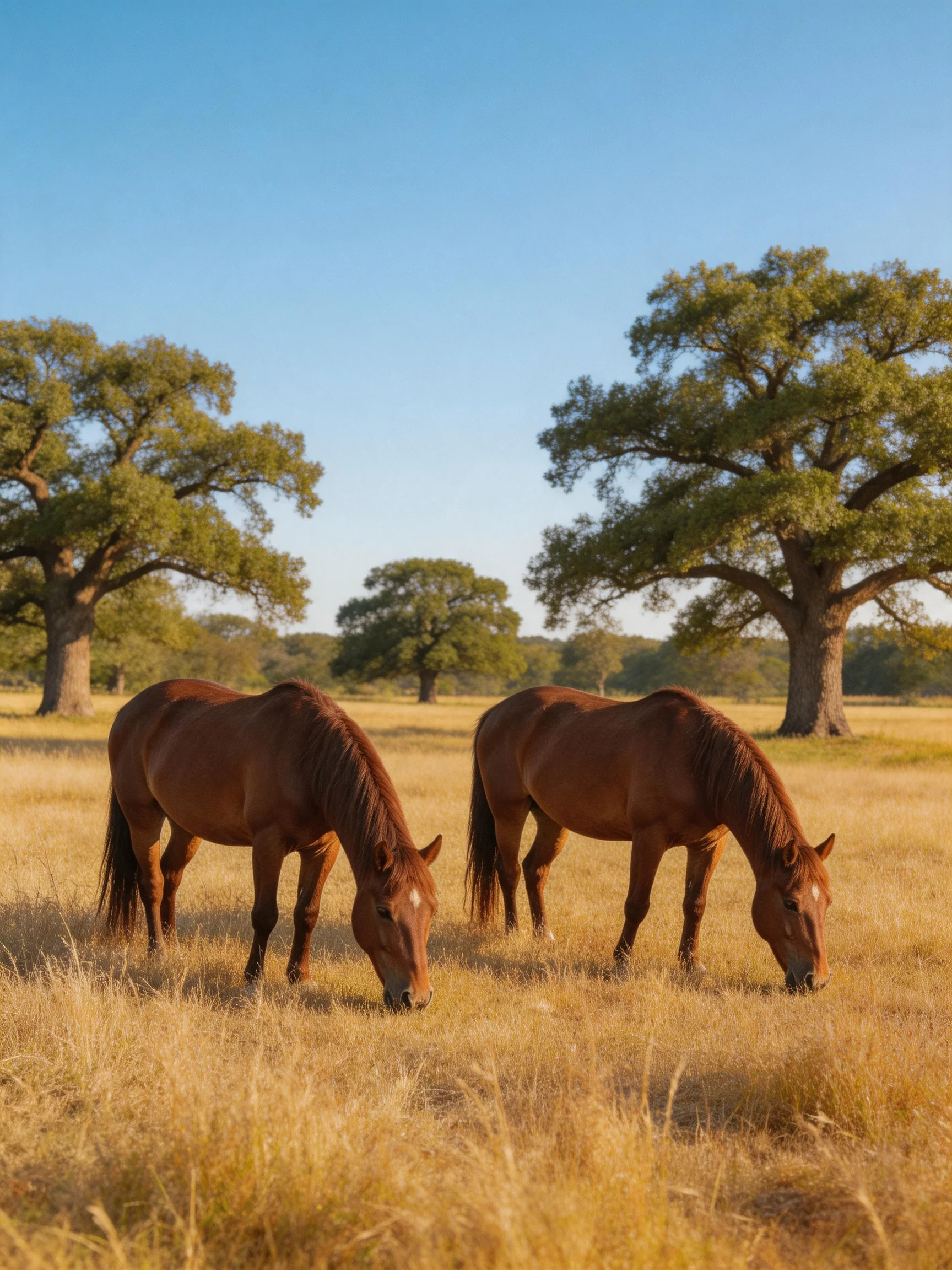 Two chestnut horses graze in a golden meadow with large oak trees