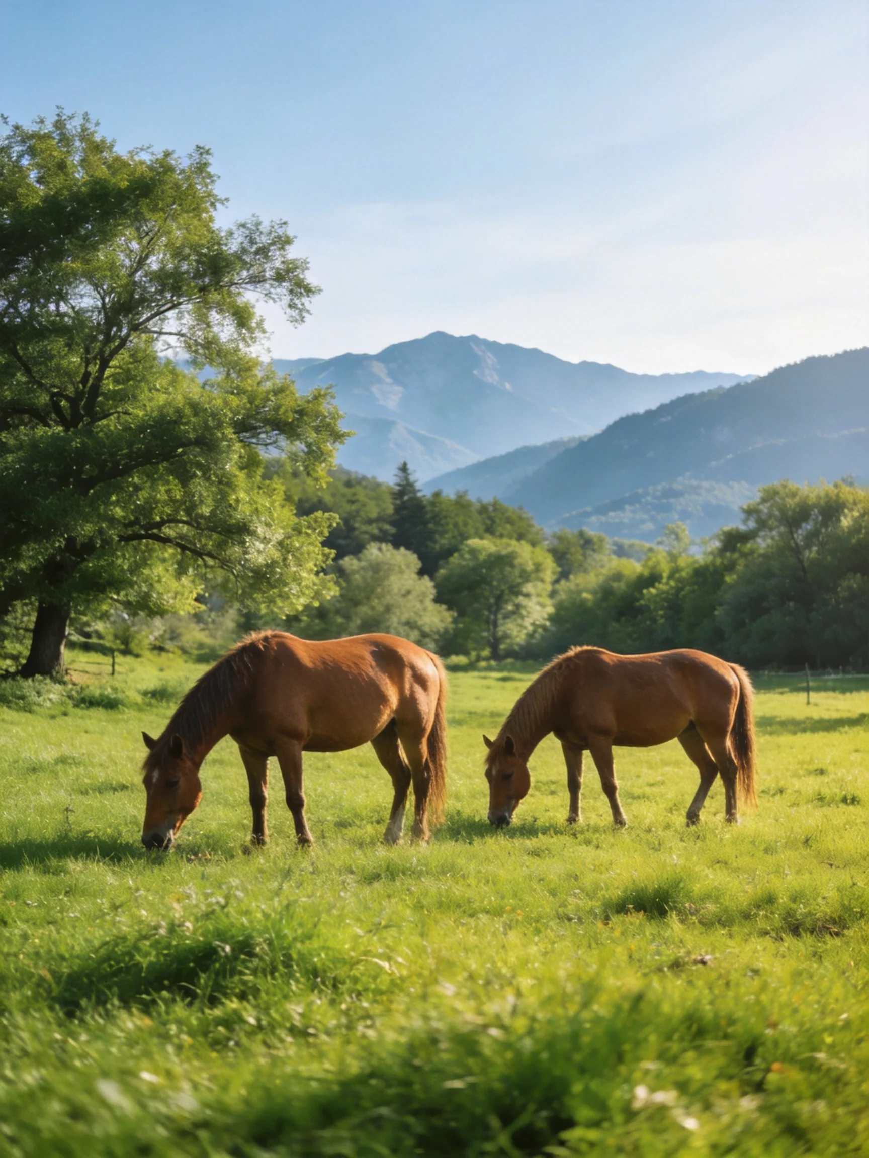 Two chestnut horses graze in a green meadow with mountains