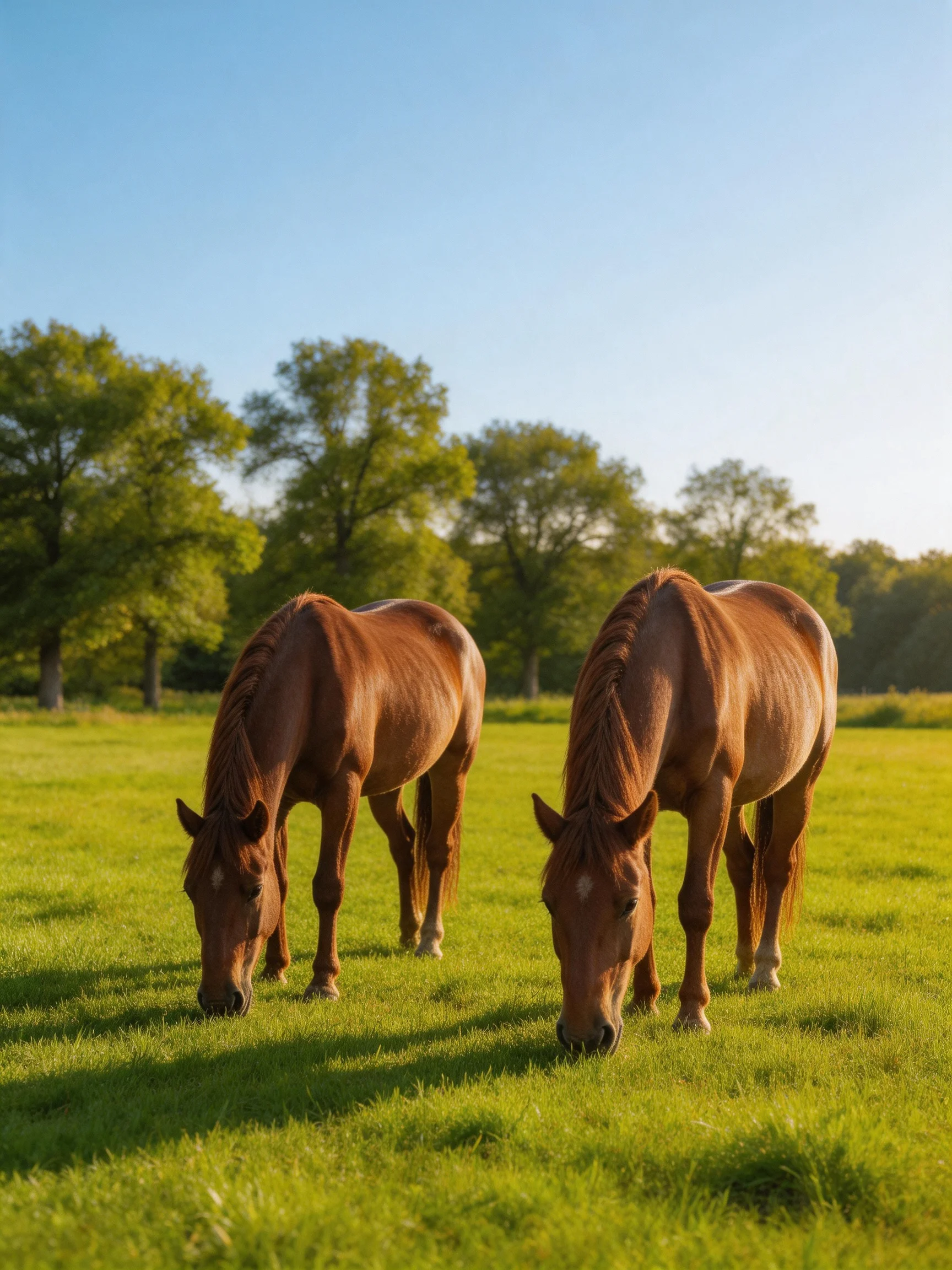 Two chestnut horses graze in a sunlit green pasture.