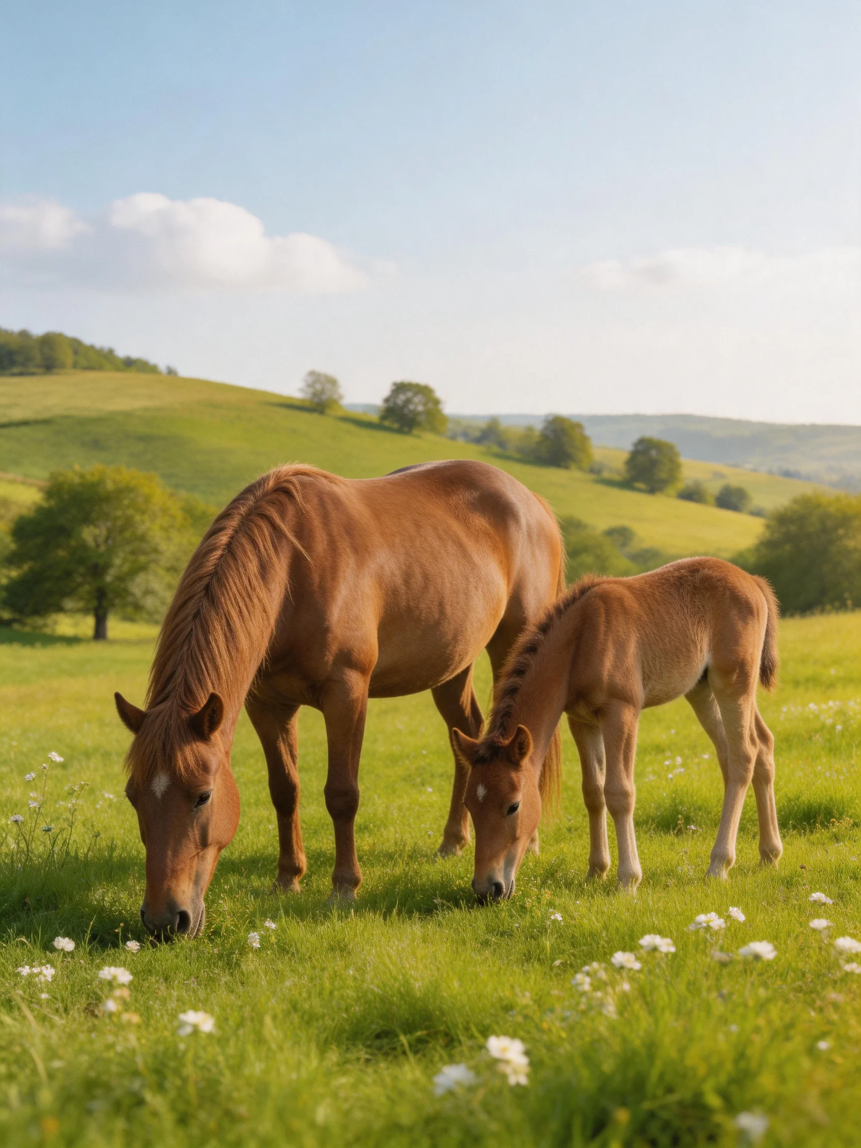 Two chestnut horses graze in a lush green meadow with rolling hills