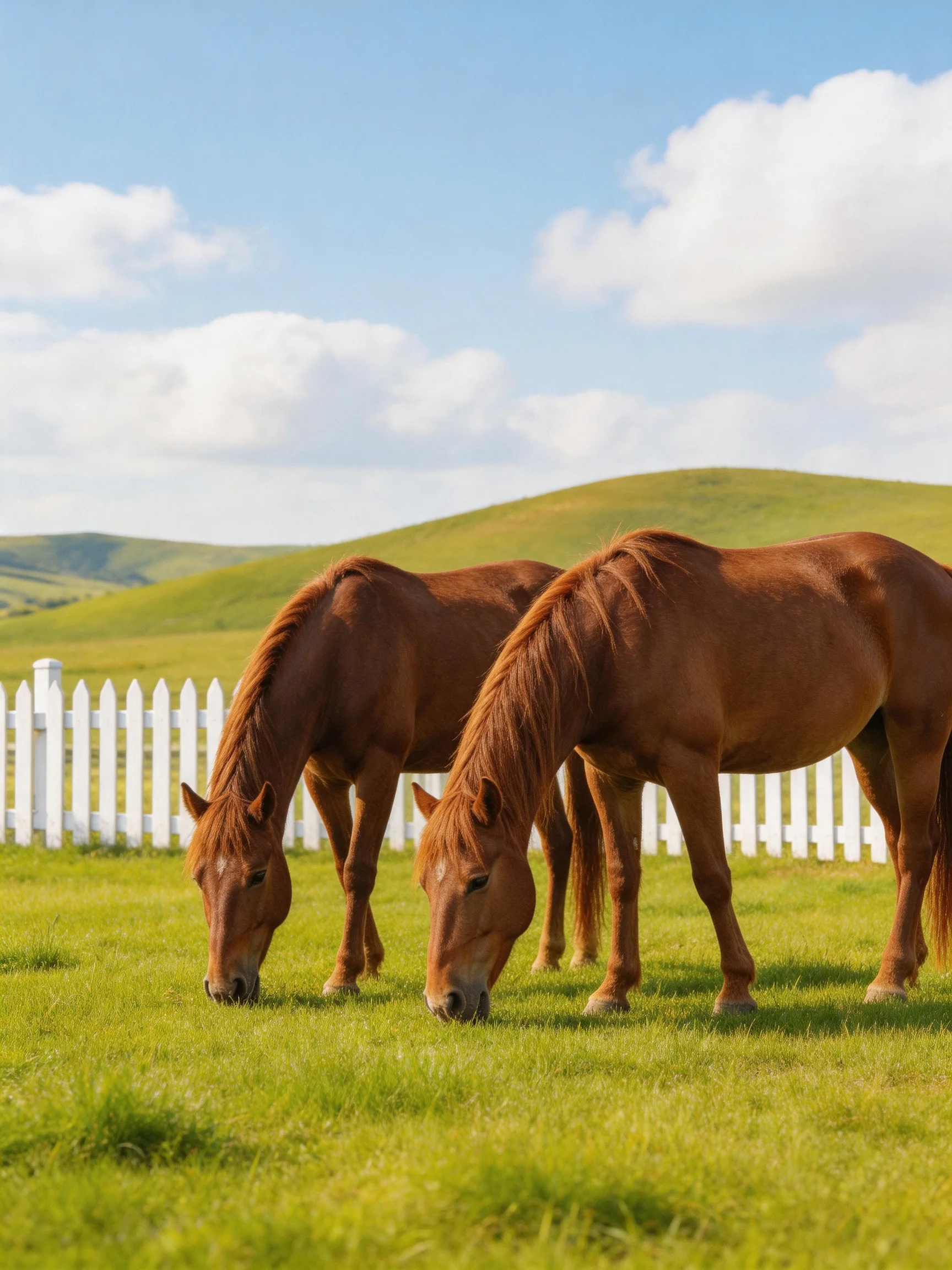 Two chestnut horses graze in a lush green pasture beside a white picket fence