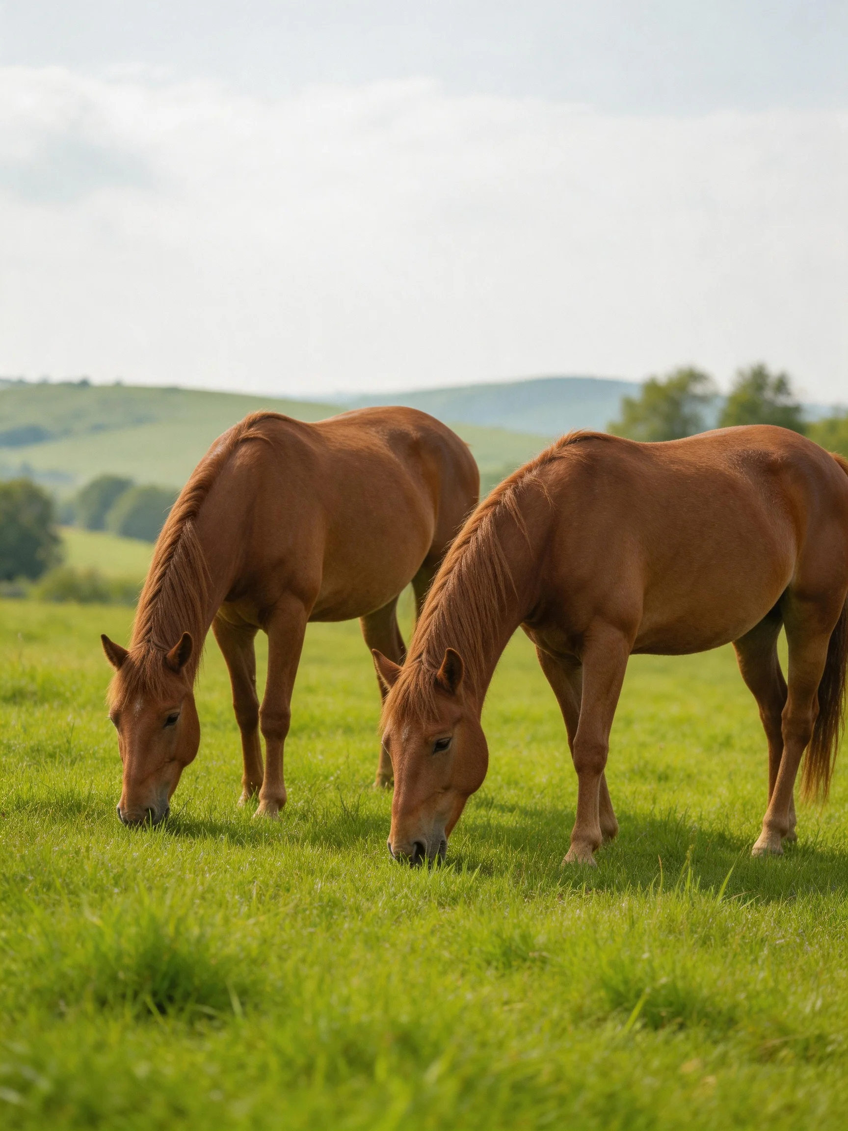 Two chestnut horses graze in a lush green pasture under soft daylight