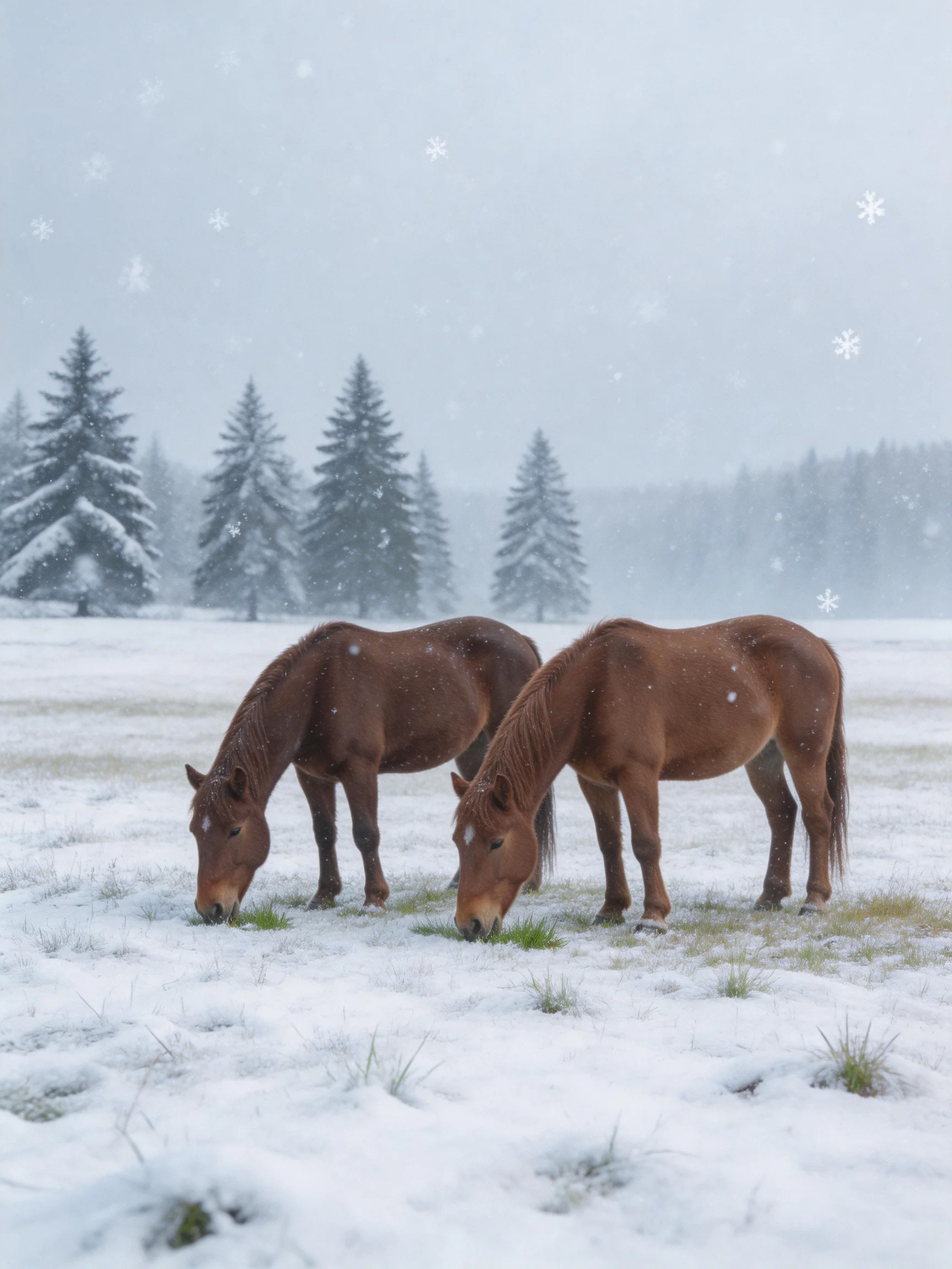 Two chestnut horses graze in a snow-dusted meadow near evergreen trees