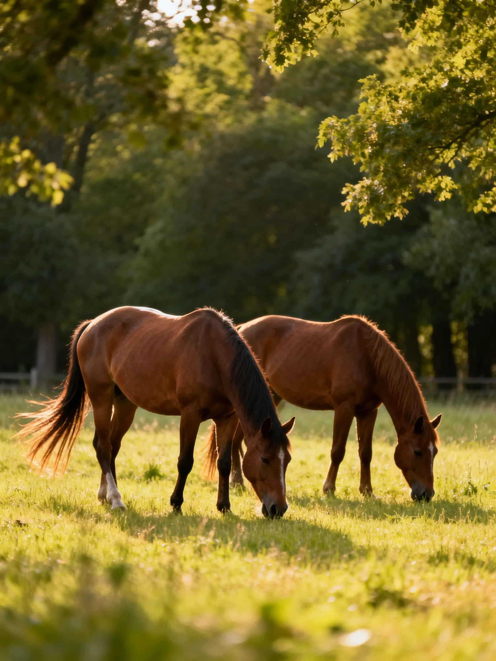Two chestnut horses graze in a sun-drenched green pasture beside tall trees