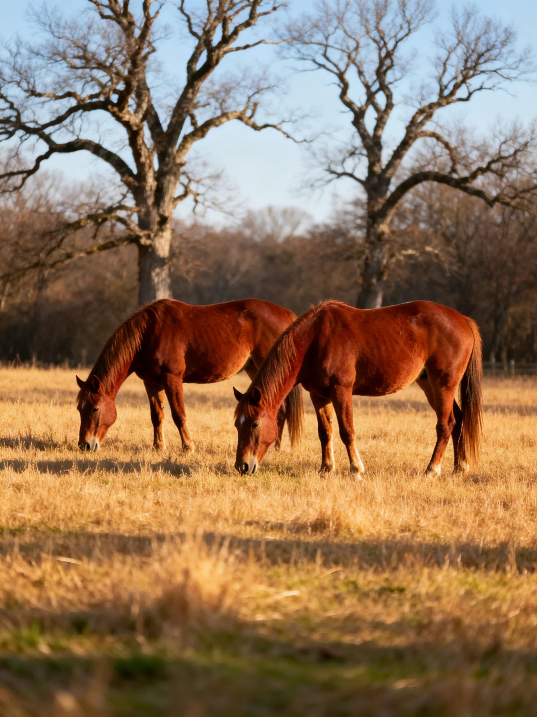 Two chestnut horses graze in a sunlit golden field with bare trees