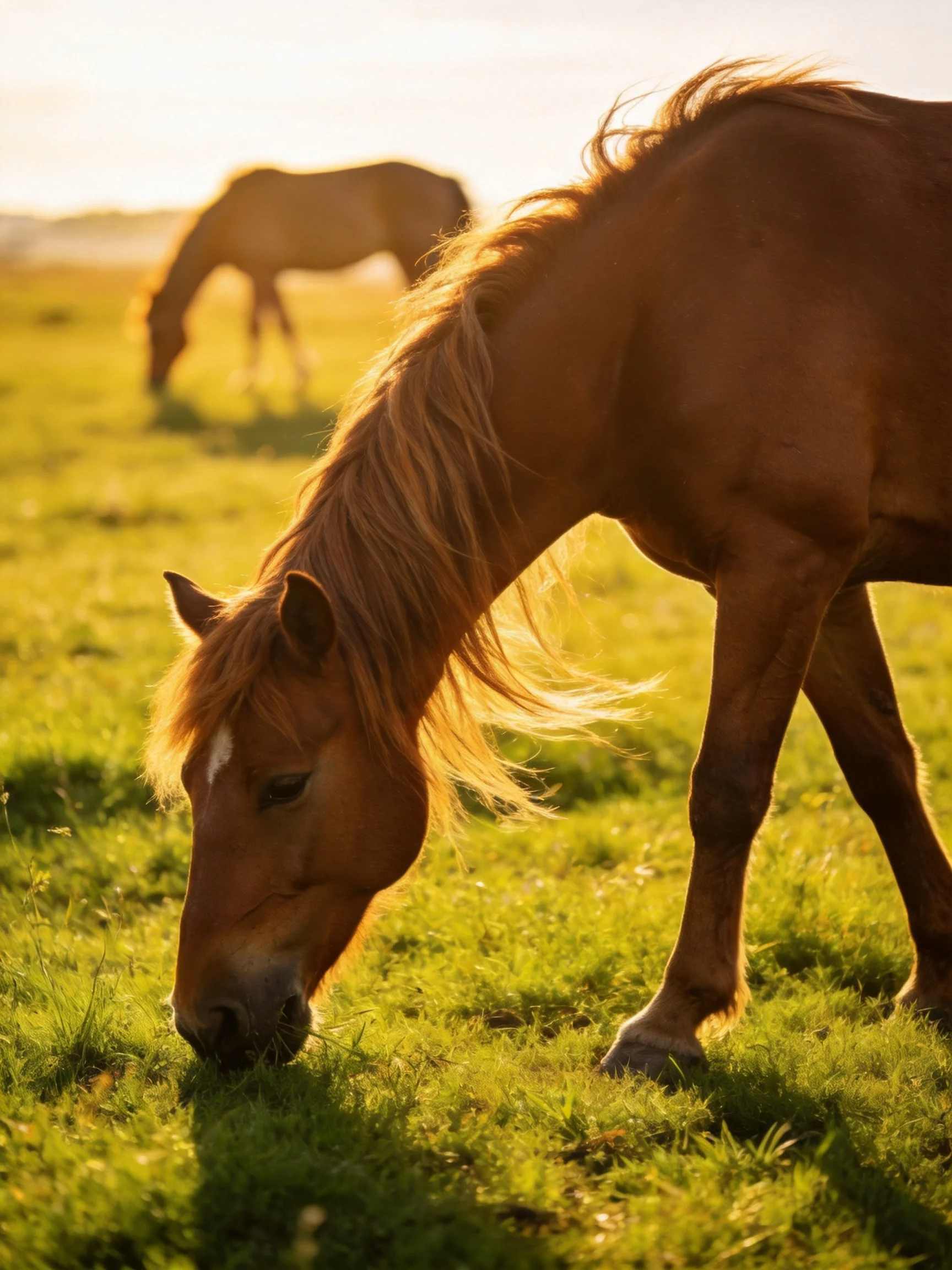 Two chestnut horses graze in a sunlit green meadow