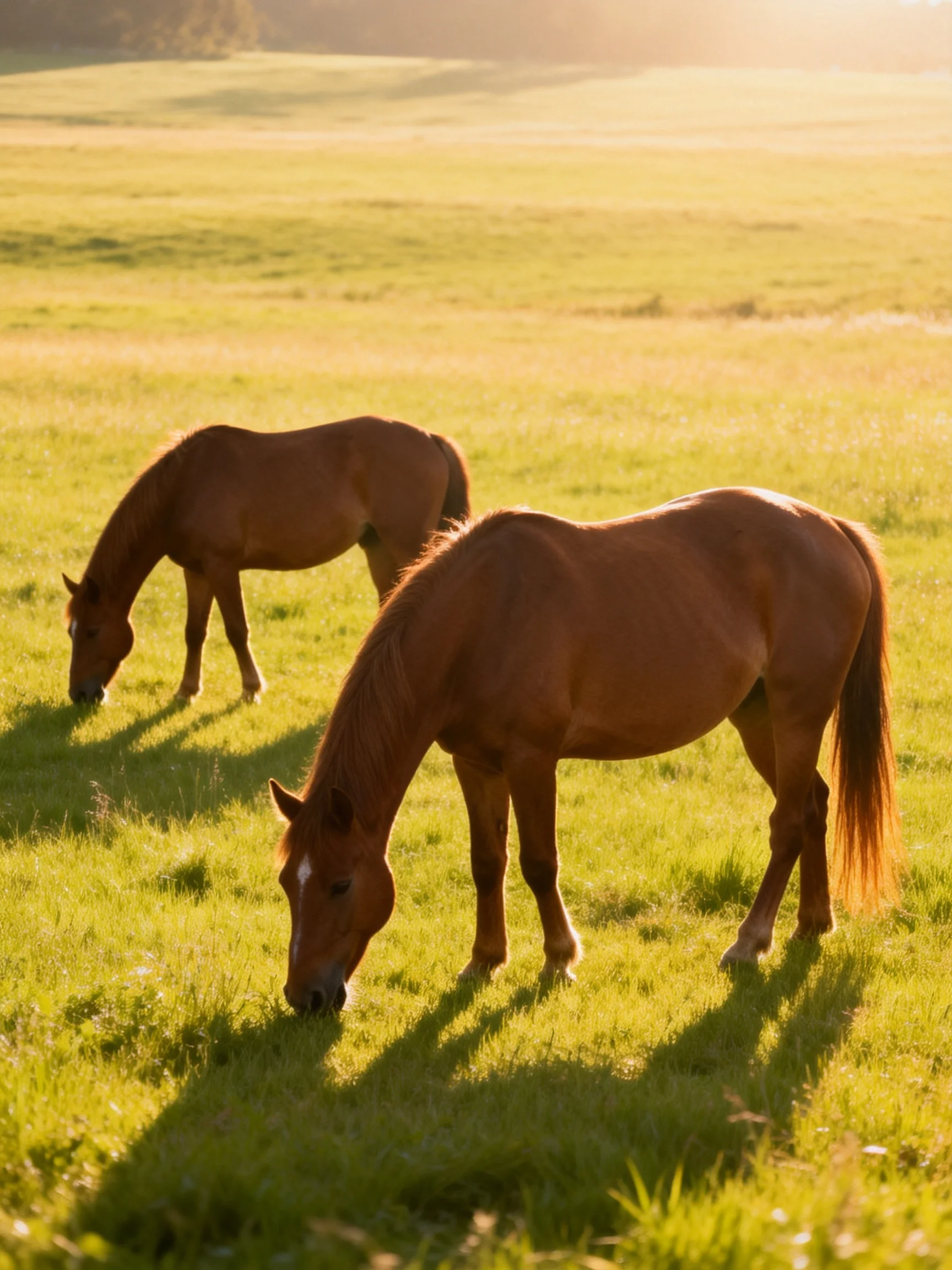 Two chestnut horses graze in a sunlit green meadow